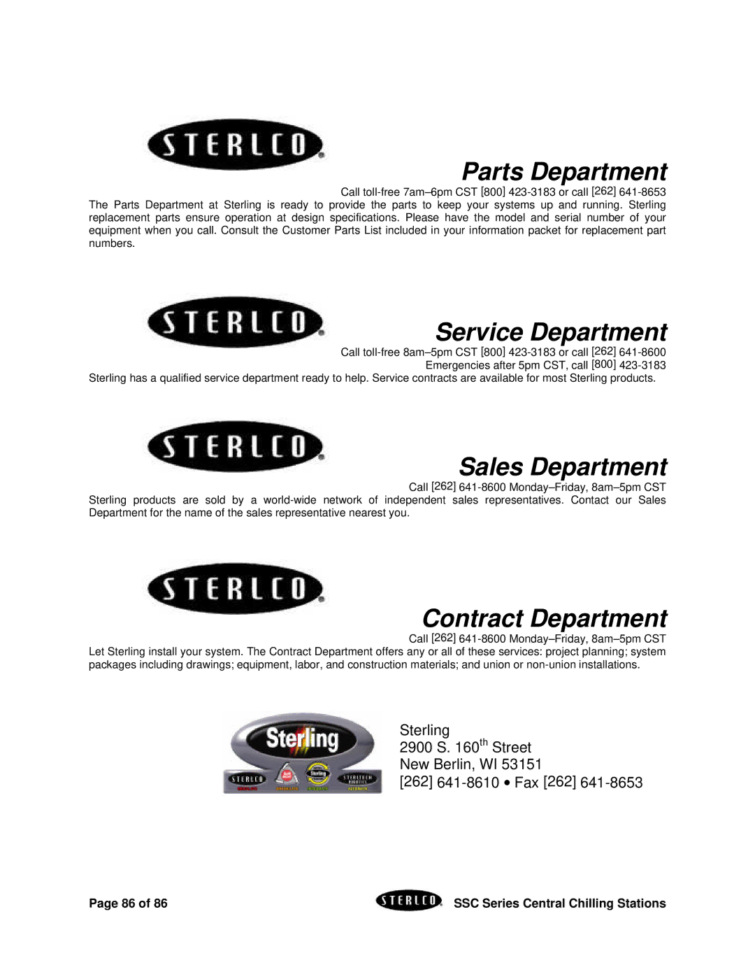 SterlingTEK A0551797 manual Parts Department, Sterling Th Street New Berlin, WI 262 641-8610 ∙ Fax 262 