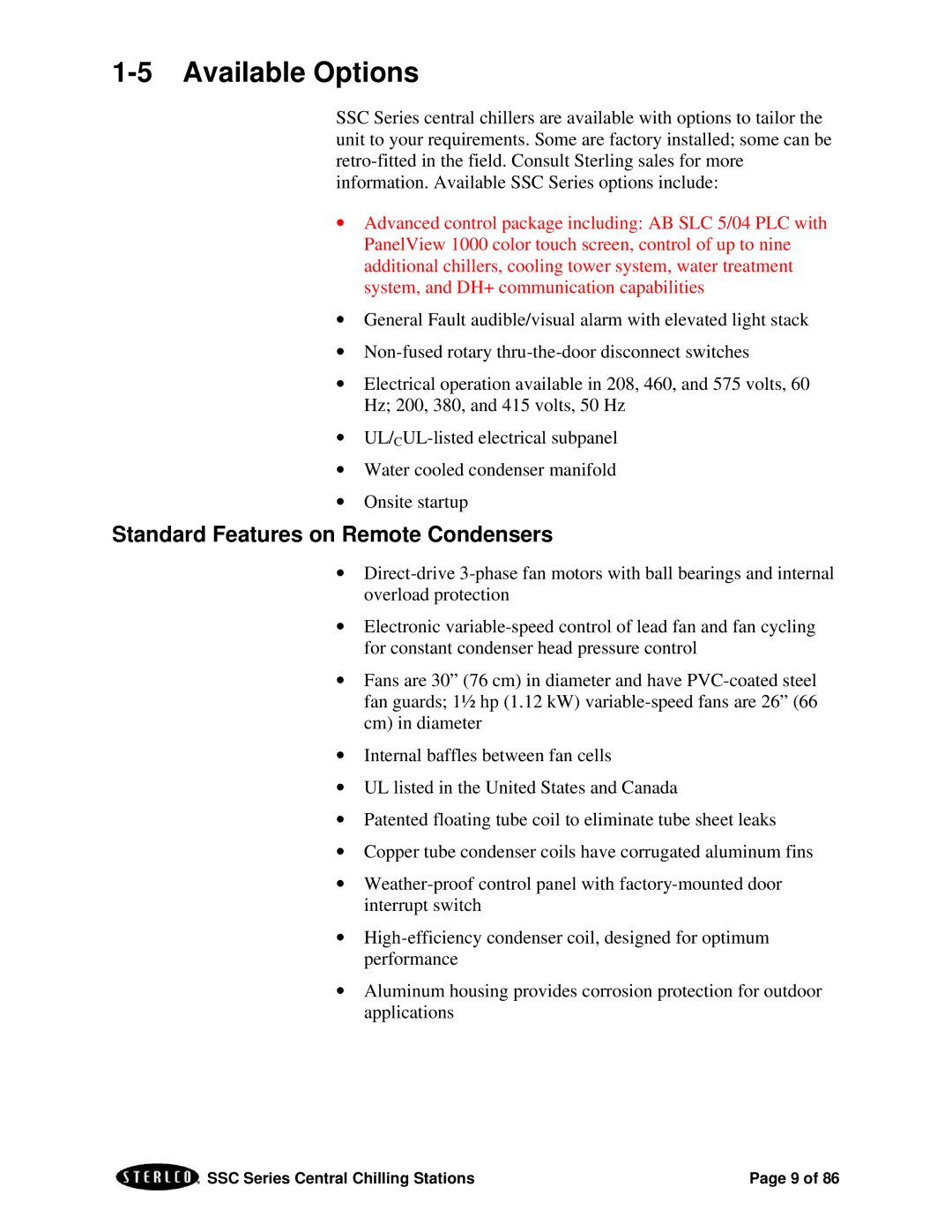 SterlingTEK A0551797 manual Available Options, Standard Features on Remote Condensers 