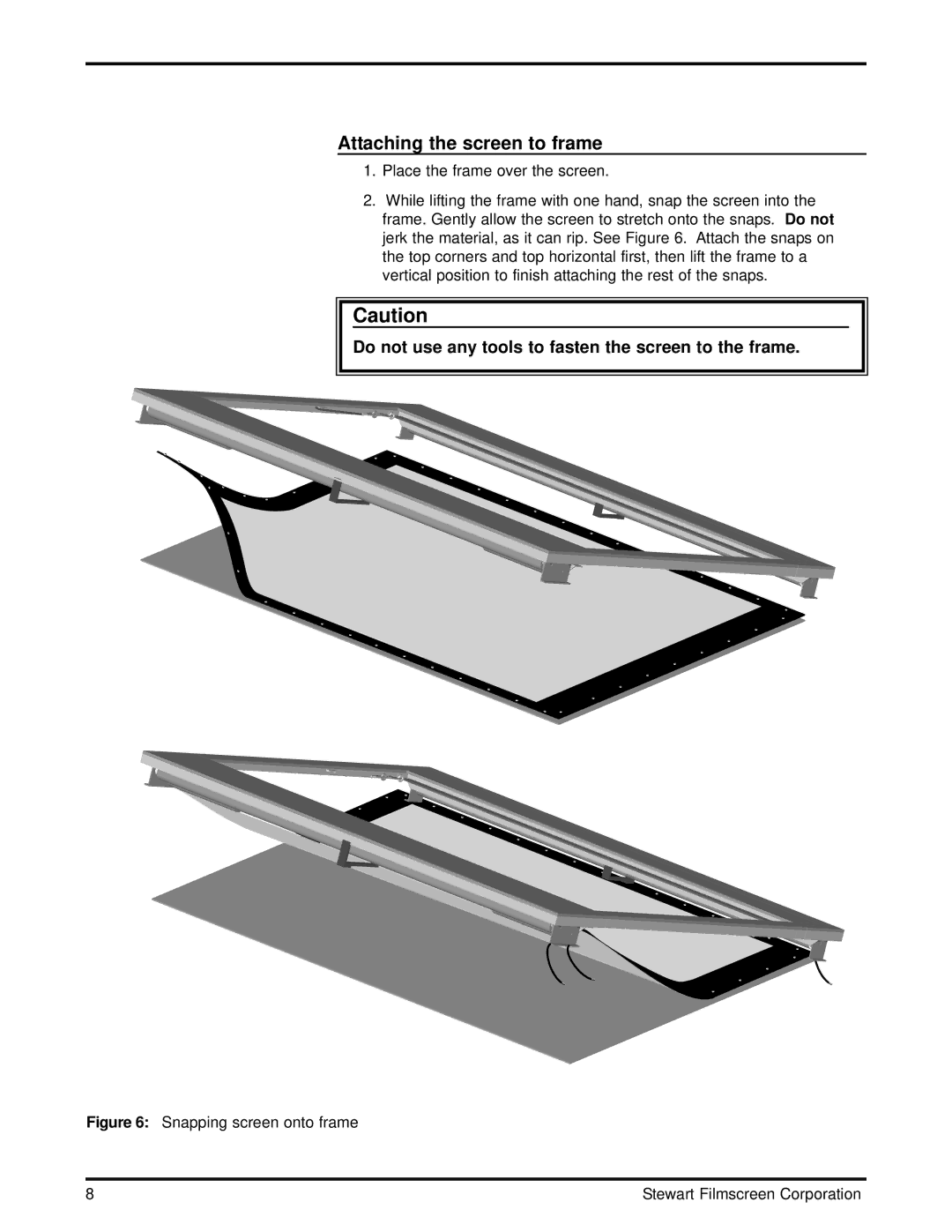 Stewart Filmscreen Corp 4-Way ScreenWall ElectriMask owner manual Attaching the screen to frame 