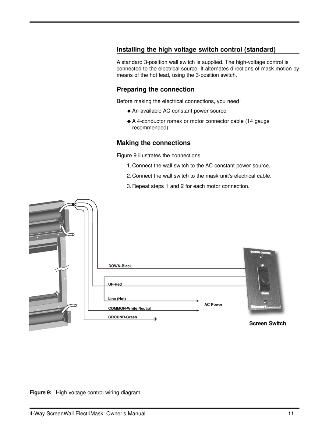 Stewart Filmscreen Corp 4-Way ScreenWall ElectriMask Installing the high voltage switch control standard, Screen Switch 