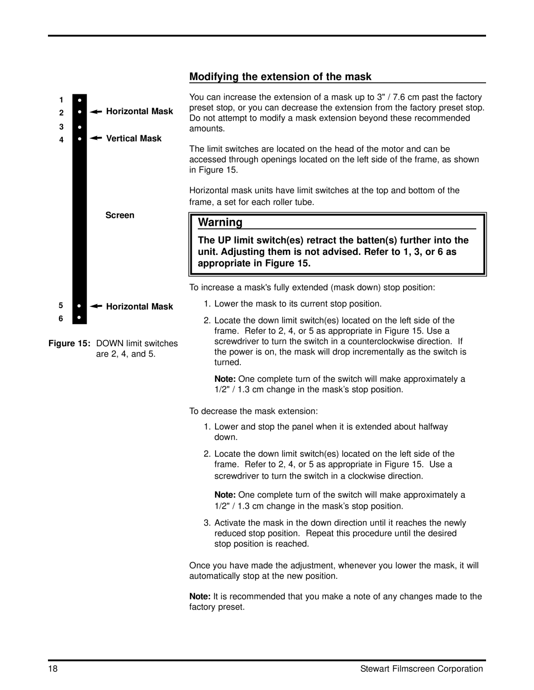 Stewart Filmscreen Corp 4-Way ScreenWall ElectriMask owner manual Modifying the extension of the mask 