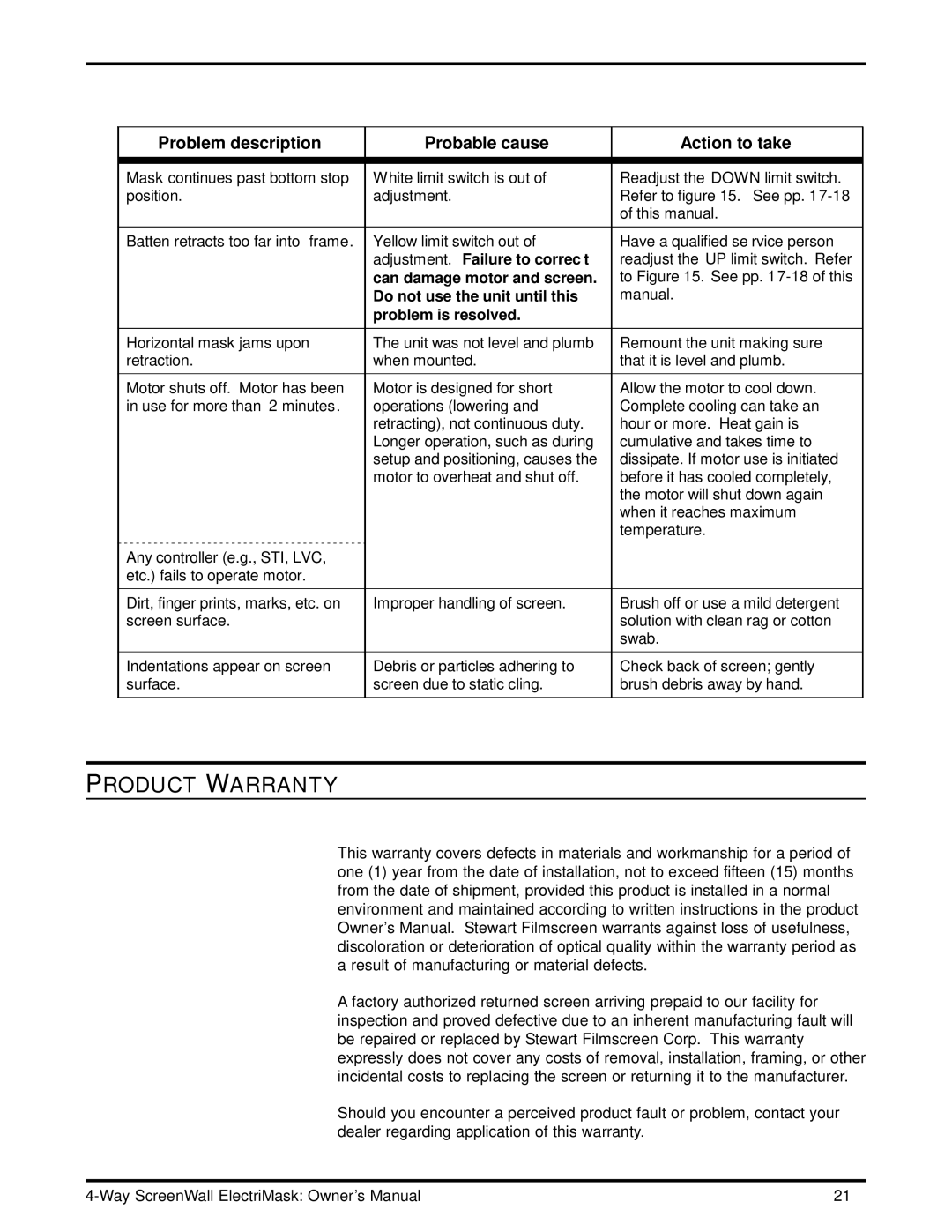 Stewart Filmscreen Corp 4-Way ScreenWall ElectriMask owner manual Product Warranty, Adjustment. Failure to correc t 
