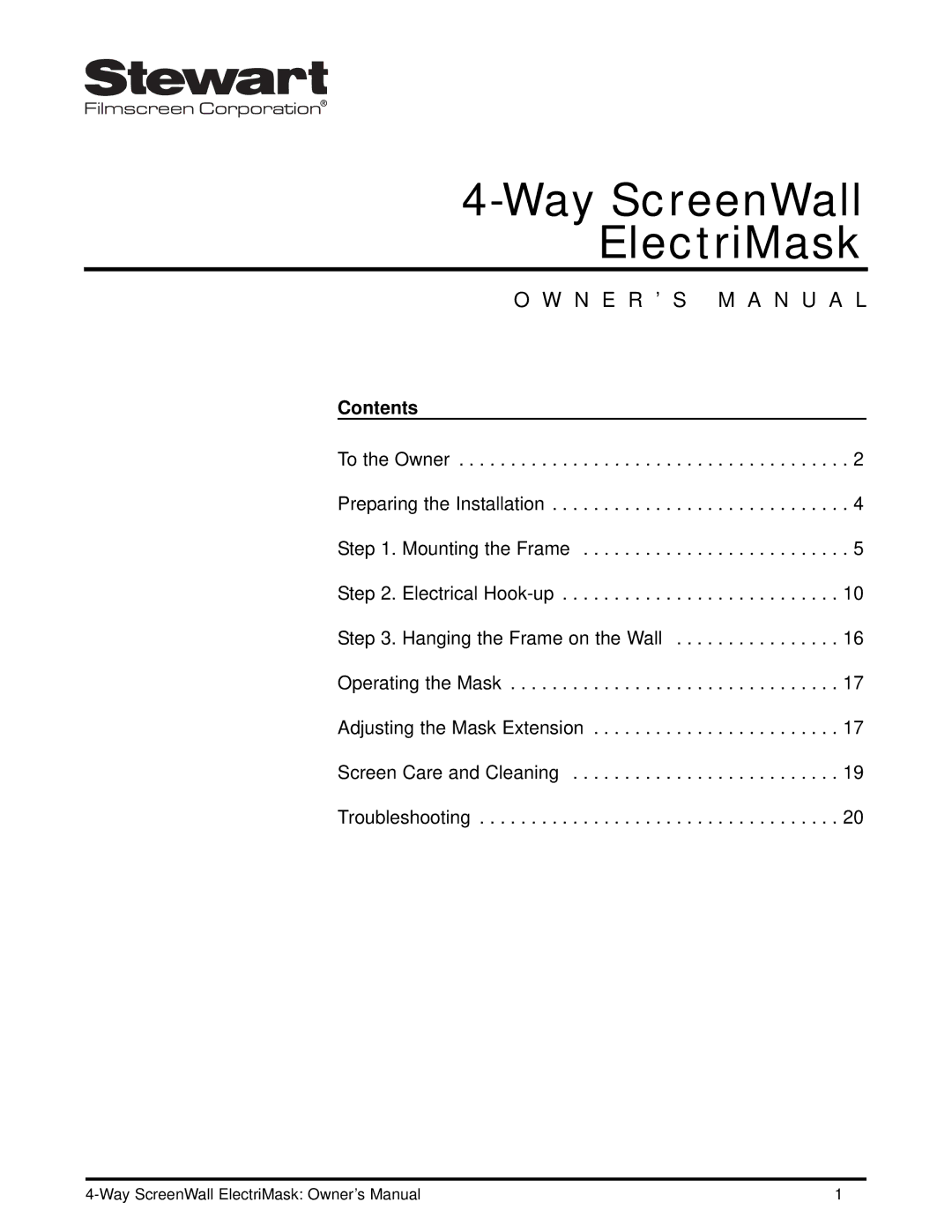 Stewart Filmscreen Corp 4-Way ScreenWall ElectriMask owner manual Contents 