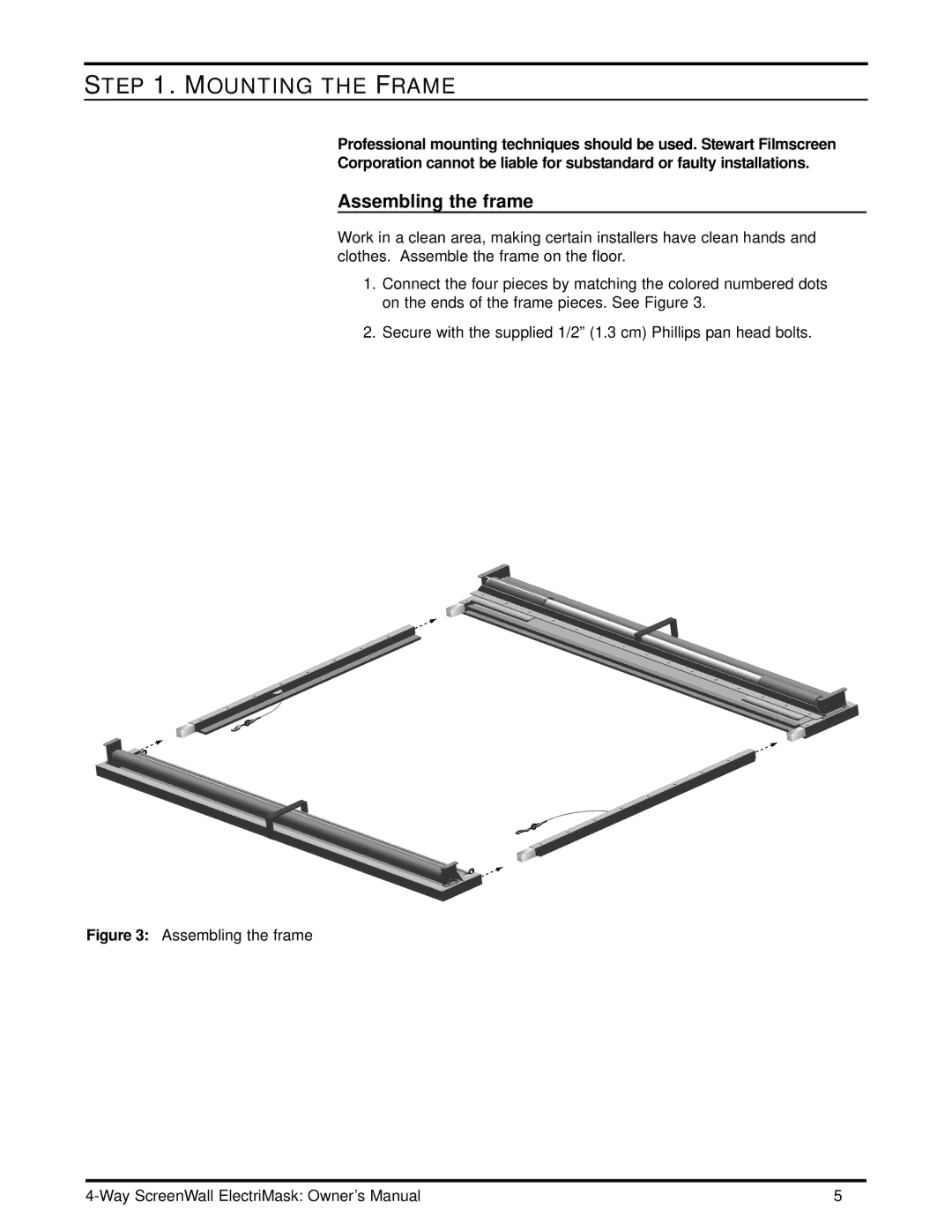 Stewart Filmscreen Corp 4-Way ScreenWall ElectriMask owner manual Mounting the Frame, Assembling the frame 