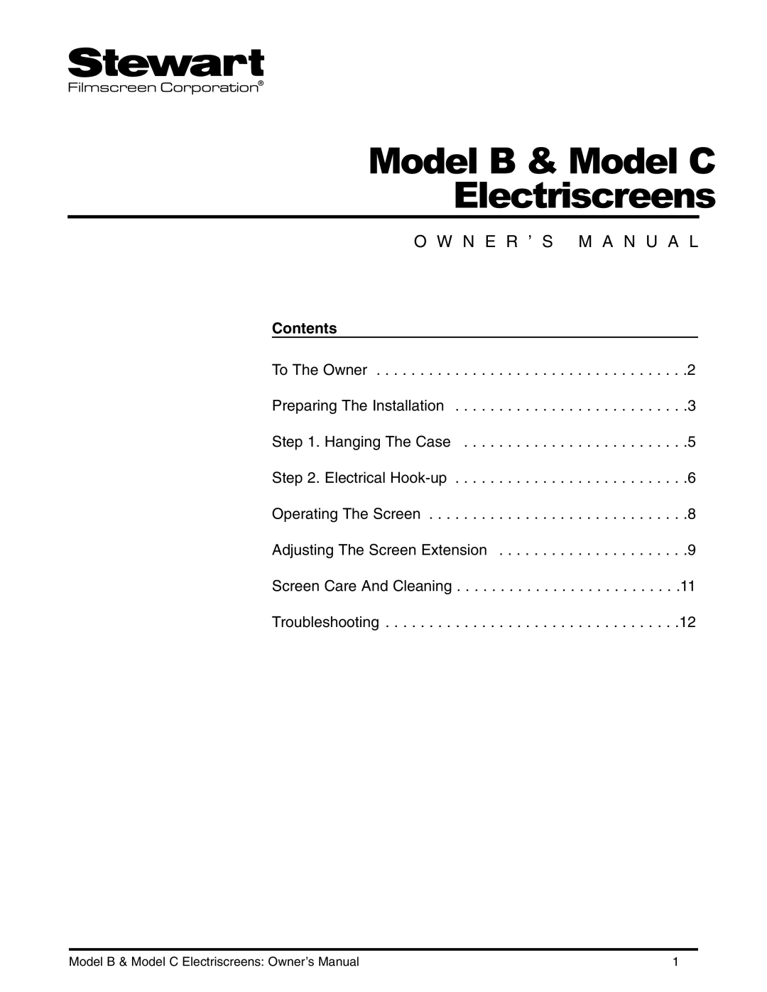 Stewart Filmscreen Corp B installation instructions Contents 