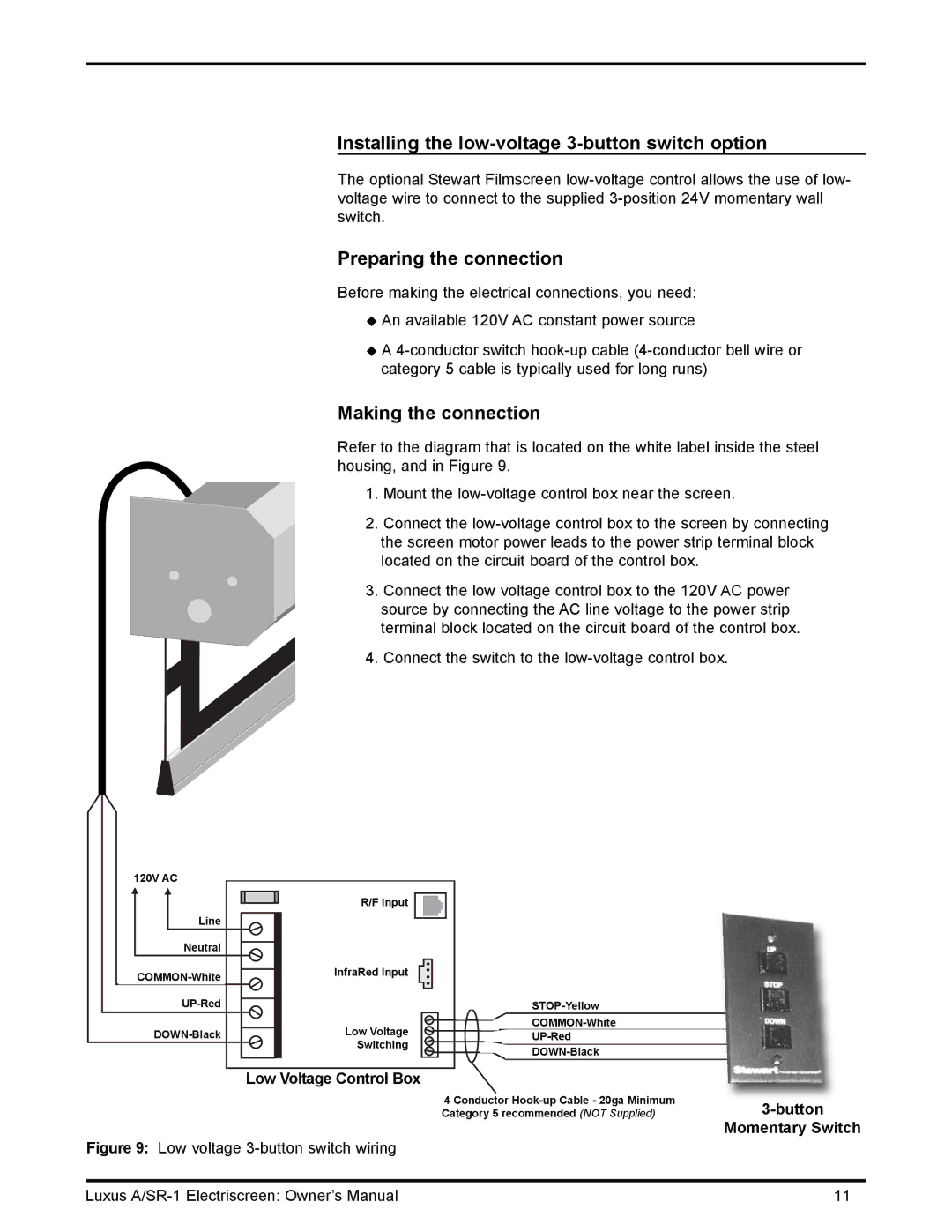 Stewart Filmscreen Corp C Installing the low-voltage 3-button switch option, Low voltage 3-button switch wiring 