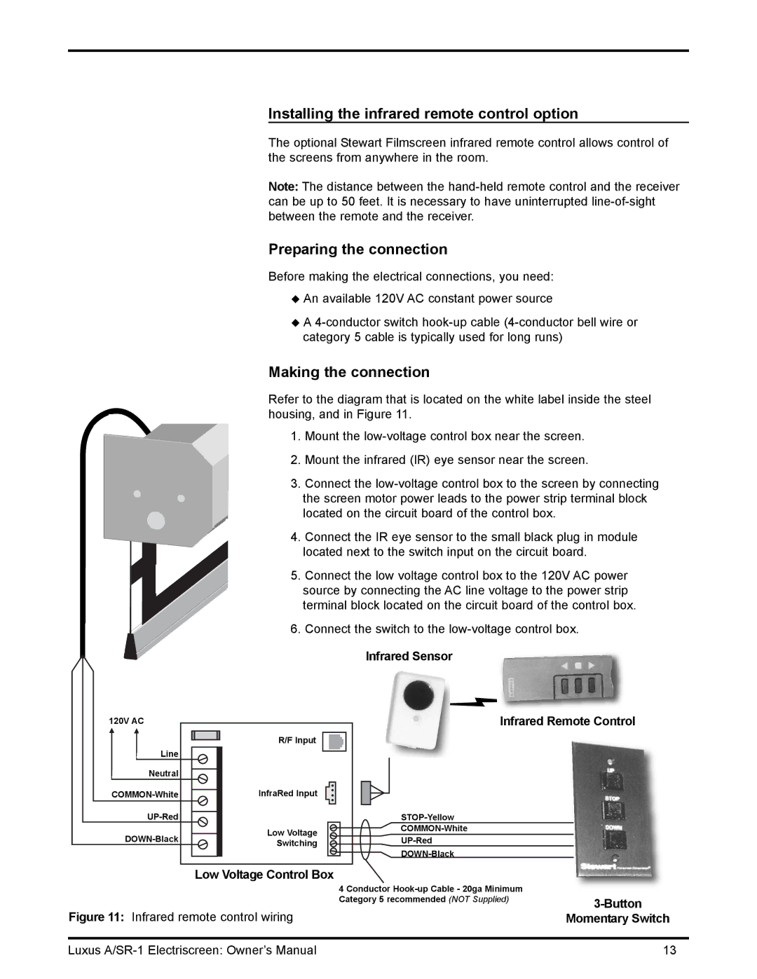 Stewart Filmscreen Corp C Installing the infrared remote control option, Infrared remote control wiring 