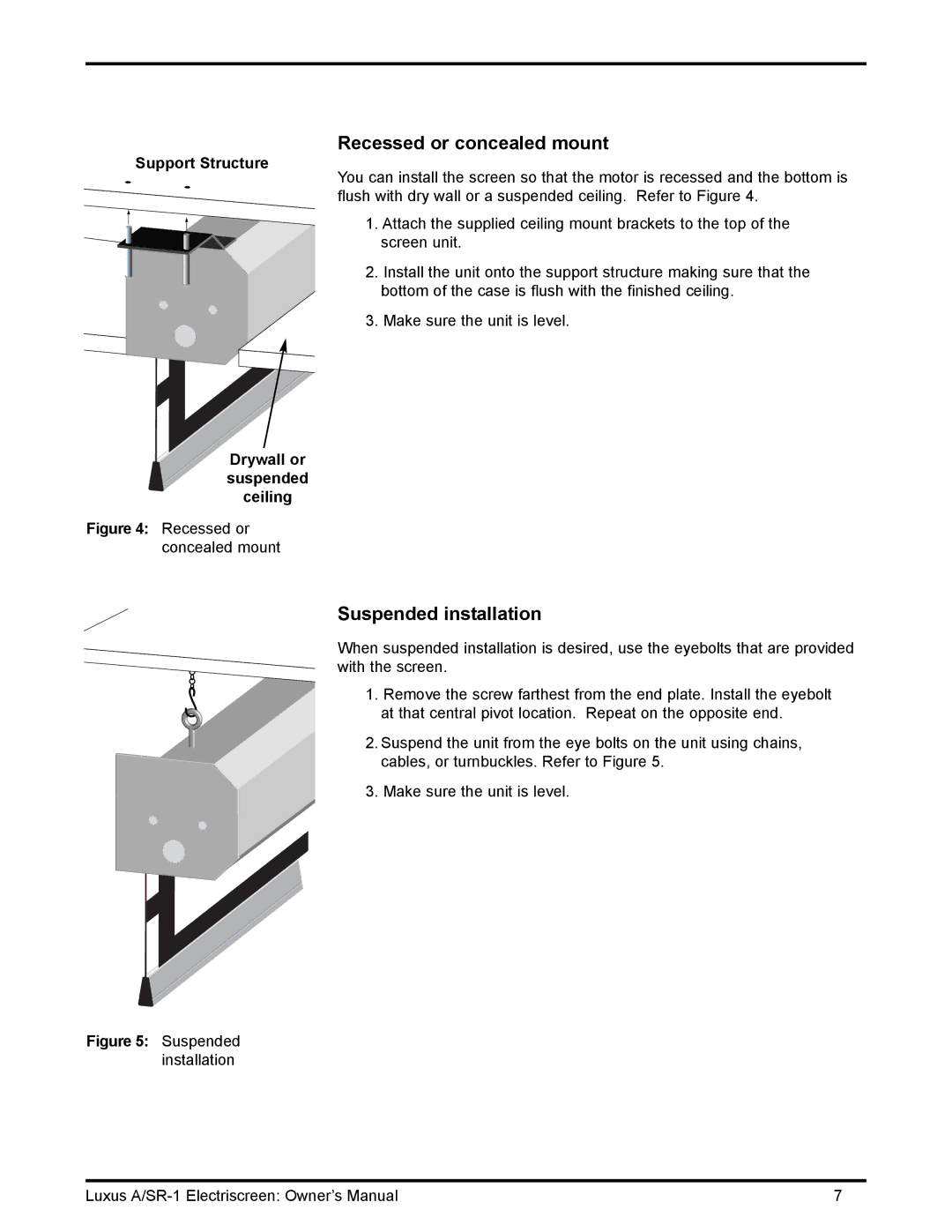 Stewart Filmscreen Corp C installation instructions Recessed or concealed mount, Suspended installation 