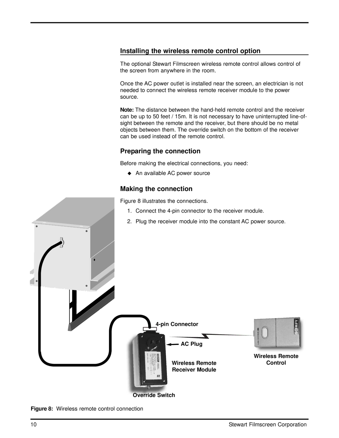 Stewart Filmscreen Corp CM-1005 installation instructions Installing the wireless remote control option 