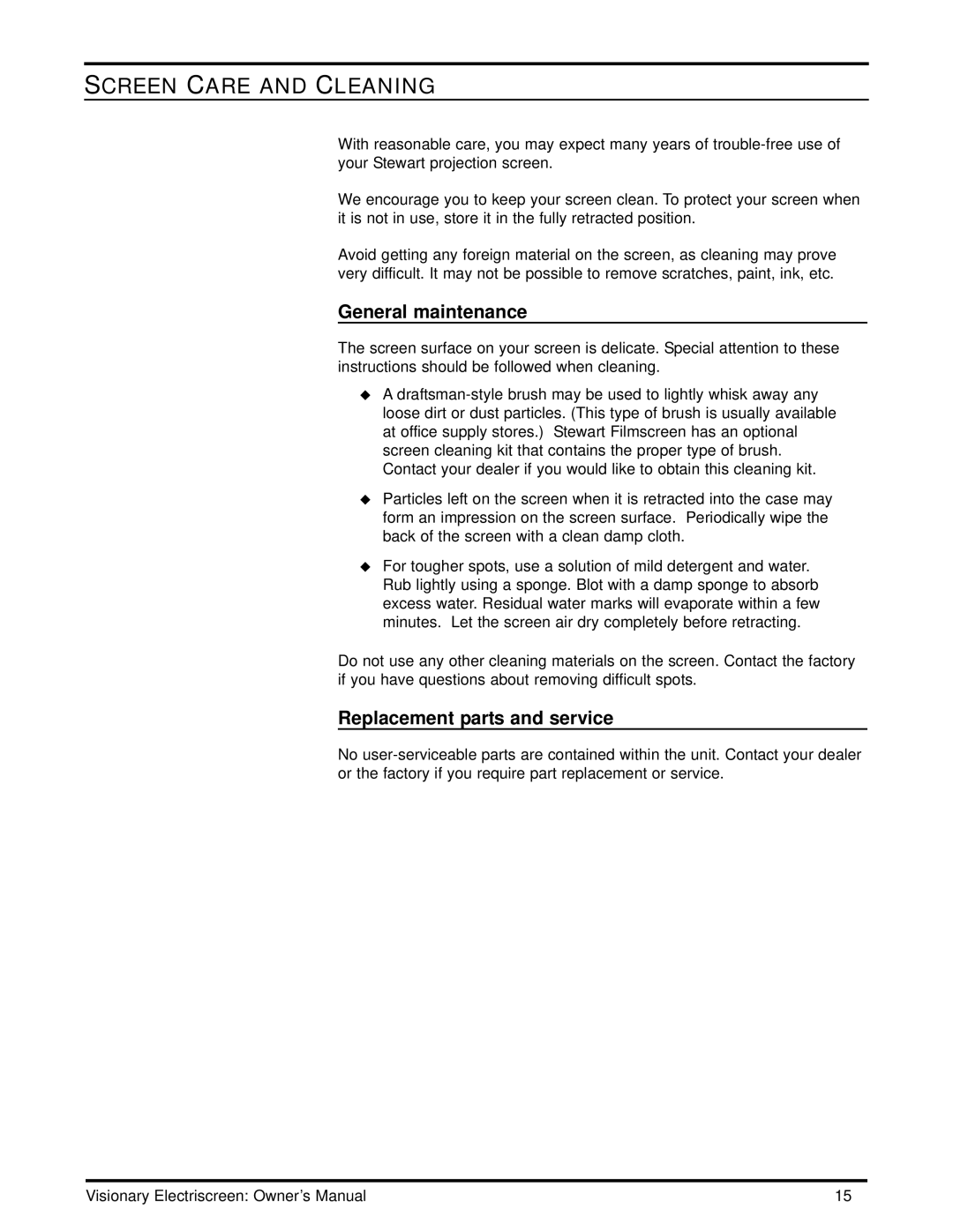 Stewart Filmscreen Corp CM-1005 Screen Care and Cleaning, General maintenance, Replacement parts and service 