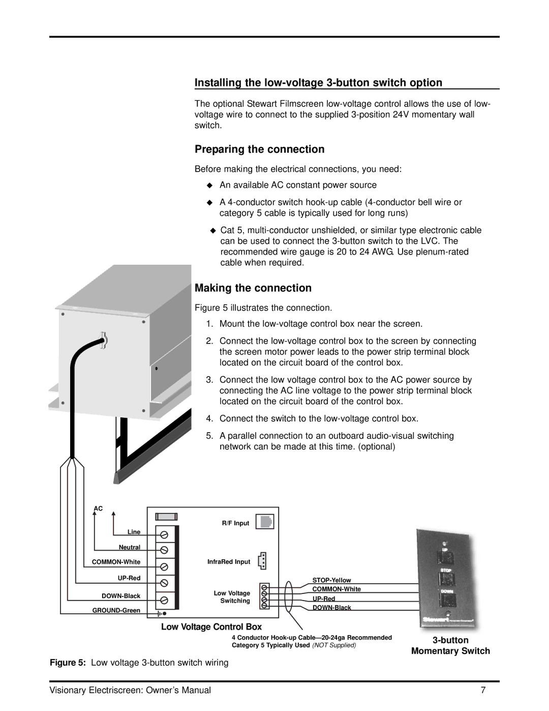 Stewart Filmscreen Corp CM-1005 Installing the low-voltage 3-button switch option, Making the connection 