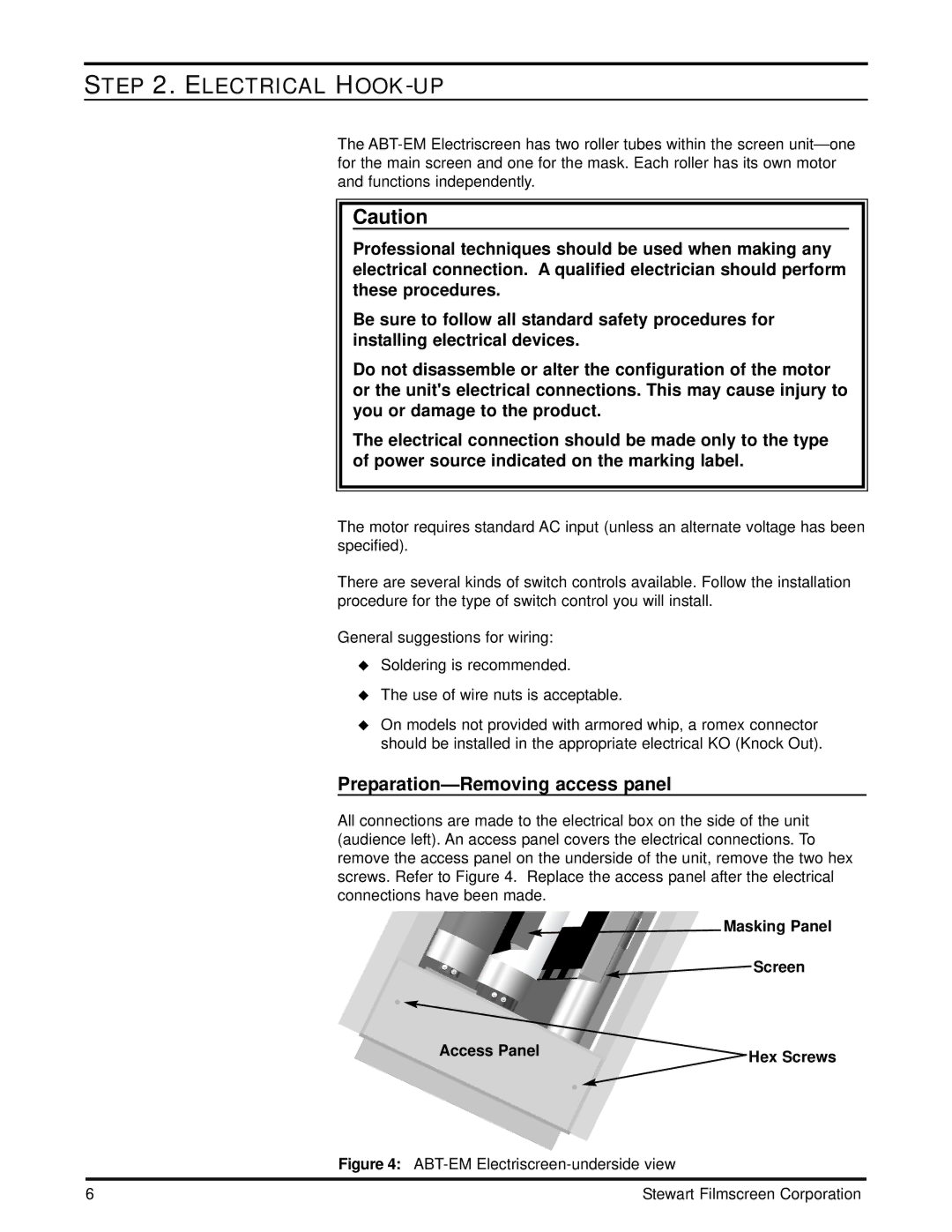 Stewart Filmscreen Corp LCD Front Projector installation instructions Electrical HOOK-UP, Preparation-Removing access panel 