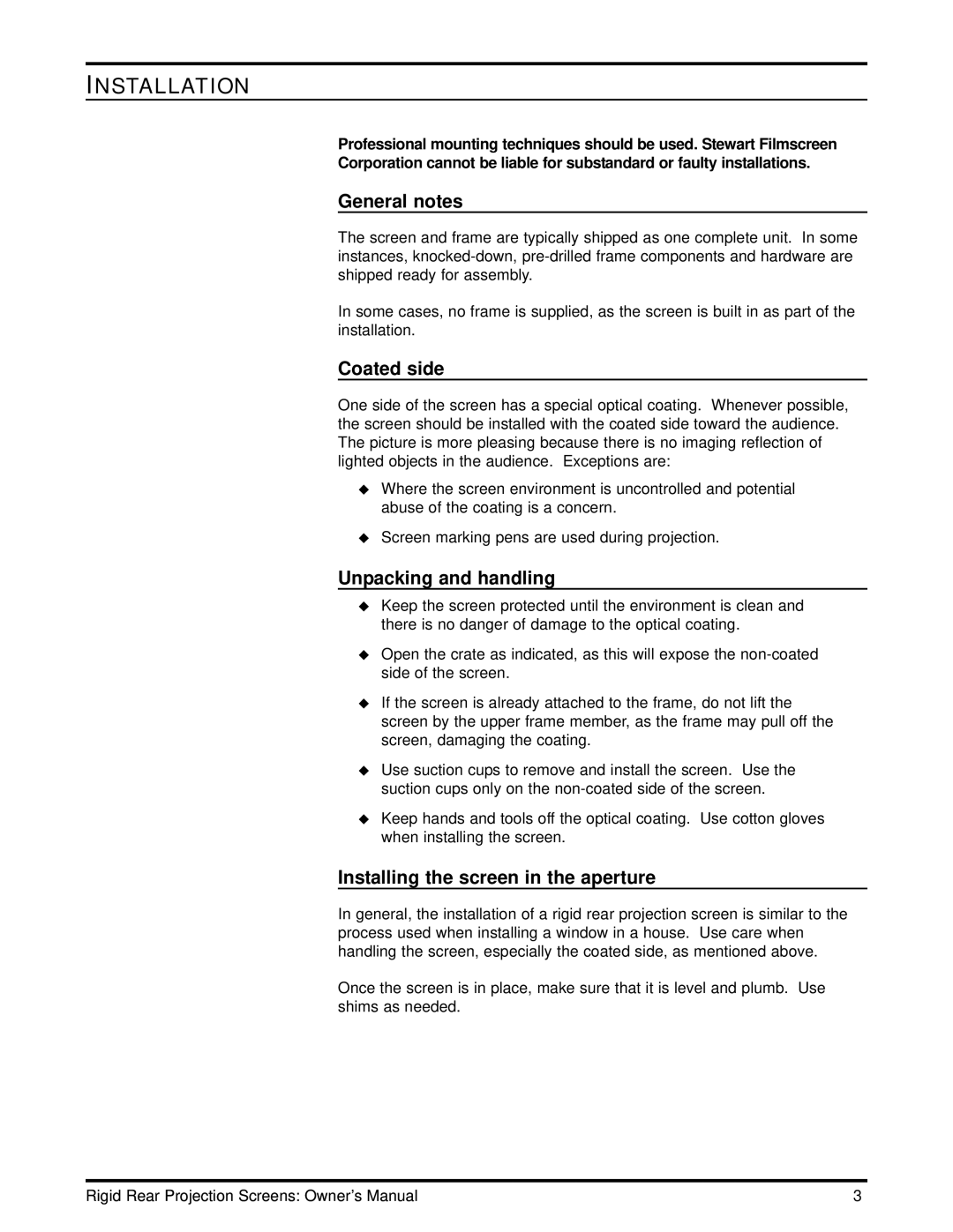 Stewart Filmscreen Corp LCD Rear-Projection TV Installation, General notes, Coated side, Unpacking and handling 