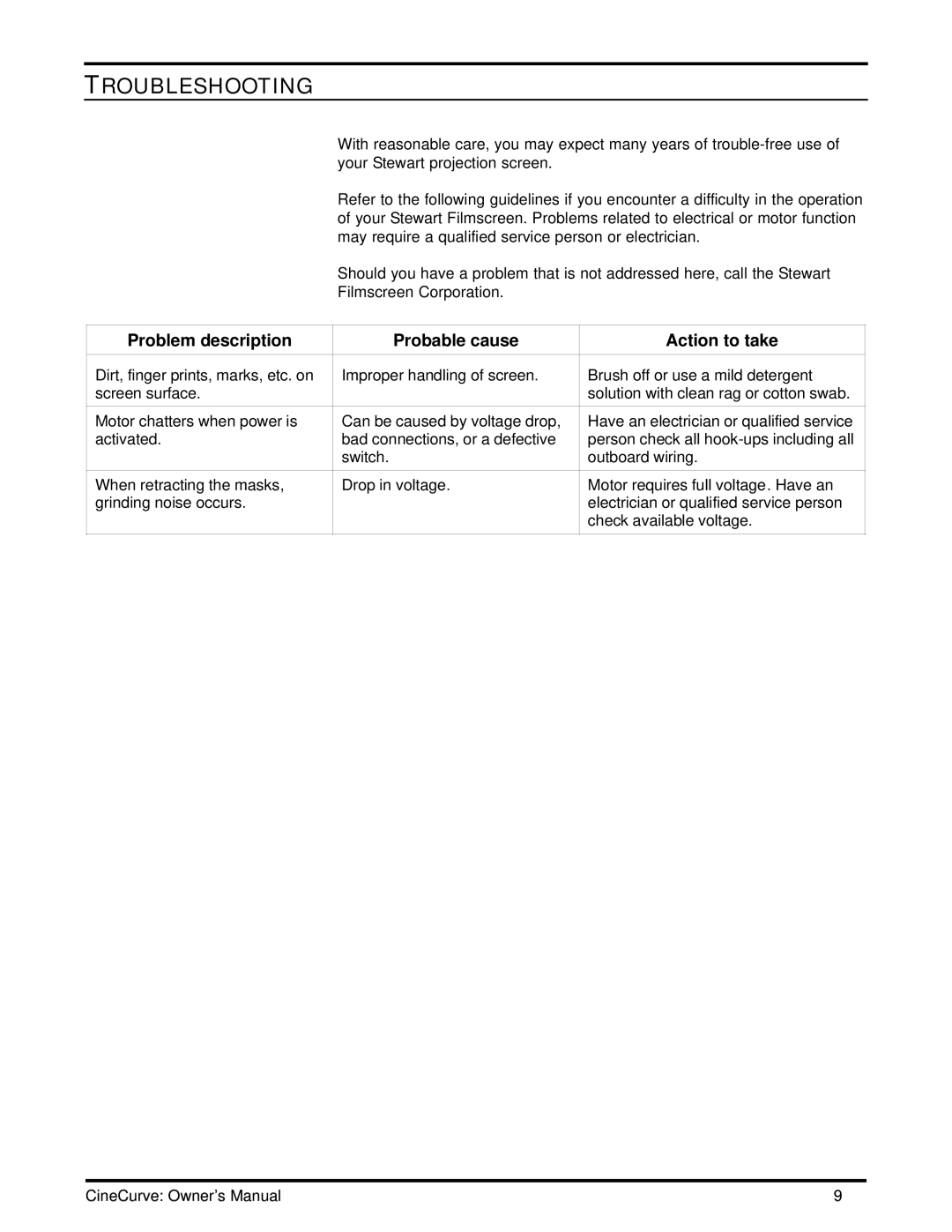 Stewart Filmscreen Corp Projection HDTV Troubleshooting, Problem description Probable cause Action to take 