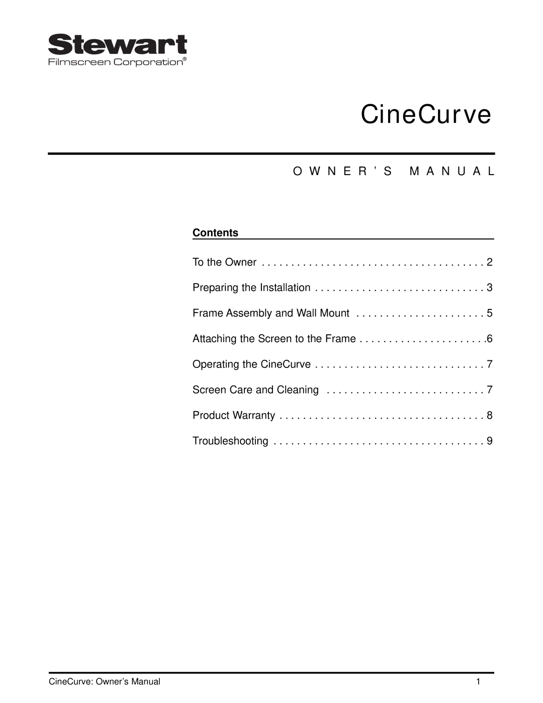 Stewart Filmscreen Corp Projection HDTV installation instructions Contents 