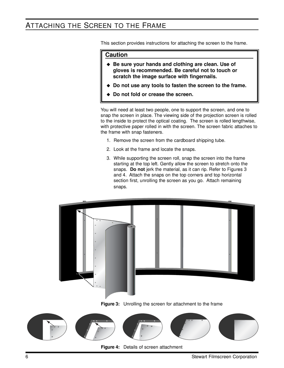 Stewart Filmscreen Corp Projection HDTV installation instructions Attaching the Screen to the Frame 