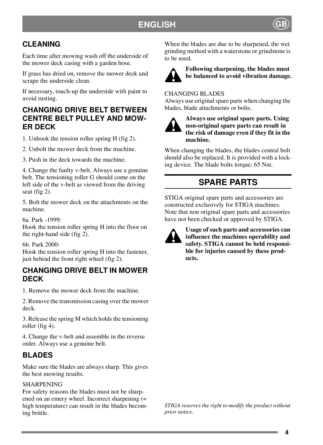 Stiga 100 B manual Spare Parts, Cleaning, Changing Drive Belt in Mower Deck, Blades 
