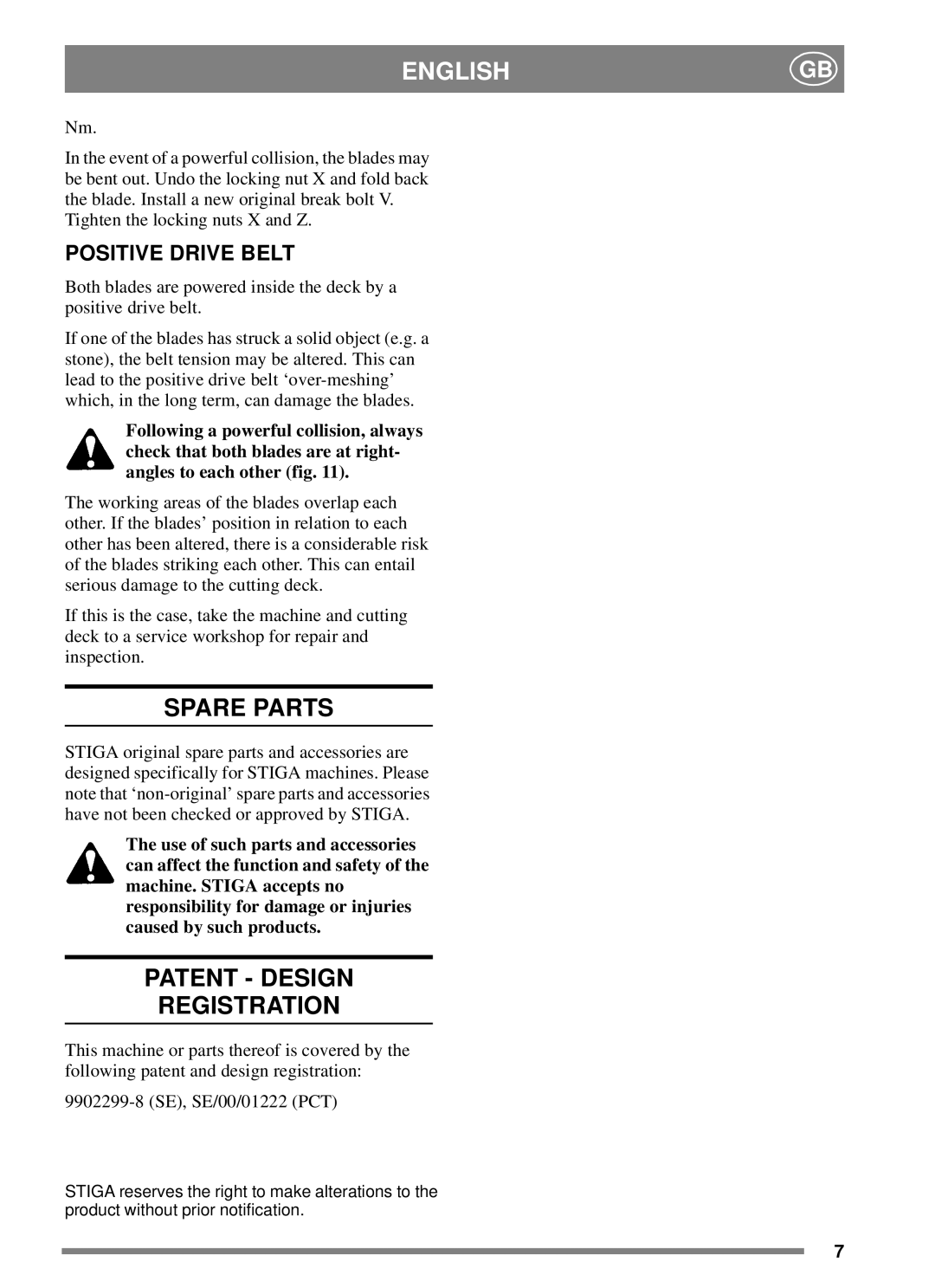 Stiga 107 M, 92 M manual Spare Parts, Patent Design Registration, Positive Drive Belt 