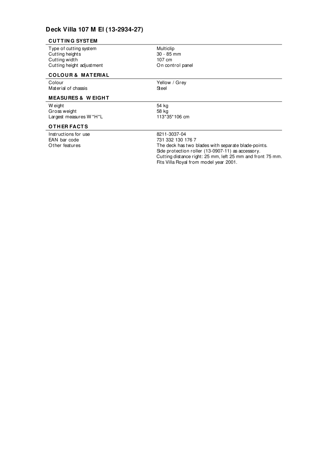 Stiga 107 M EL manual Deck Villa 107 M El, Cutting System, Colour & Material, Measures & Weight, Other Facts 