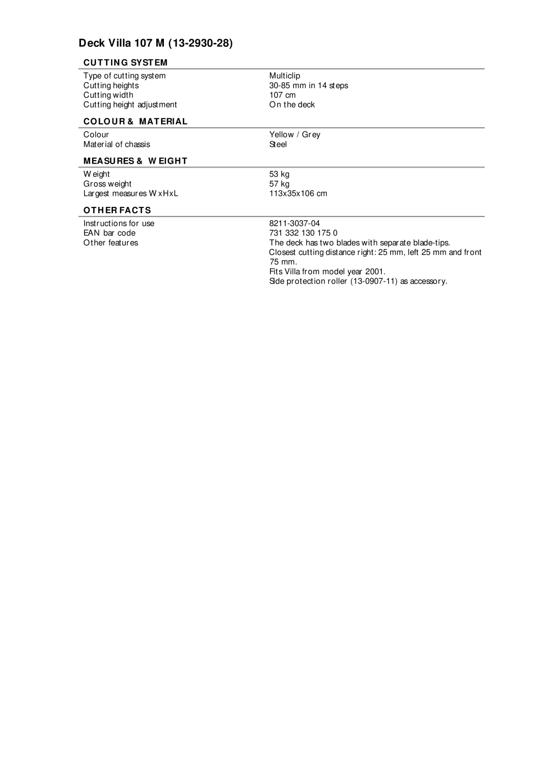 Stiga manual Deck Villa 107 M, Cutting System, Colour & Material, Measures & Weight, Other Facts 