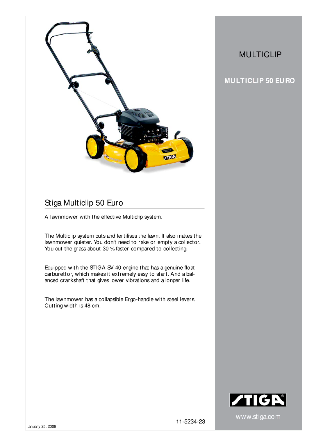 Stiga 11-5234-23 manual Stiga Multiclip 50 Euro, Lawnmower with the effective Multiclip system 