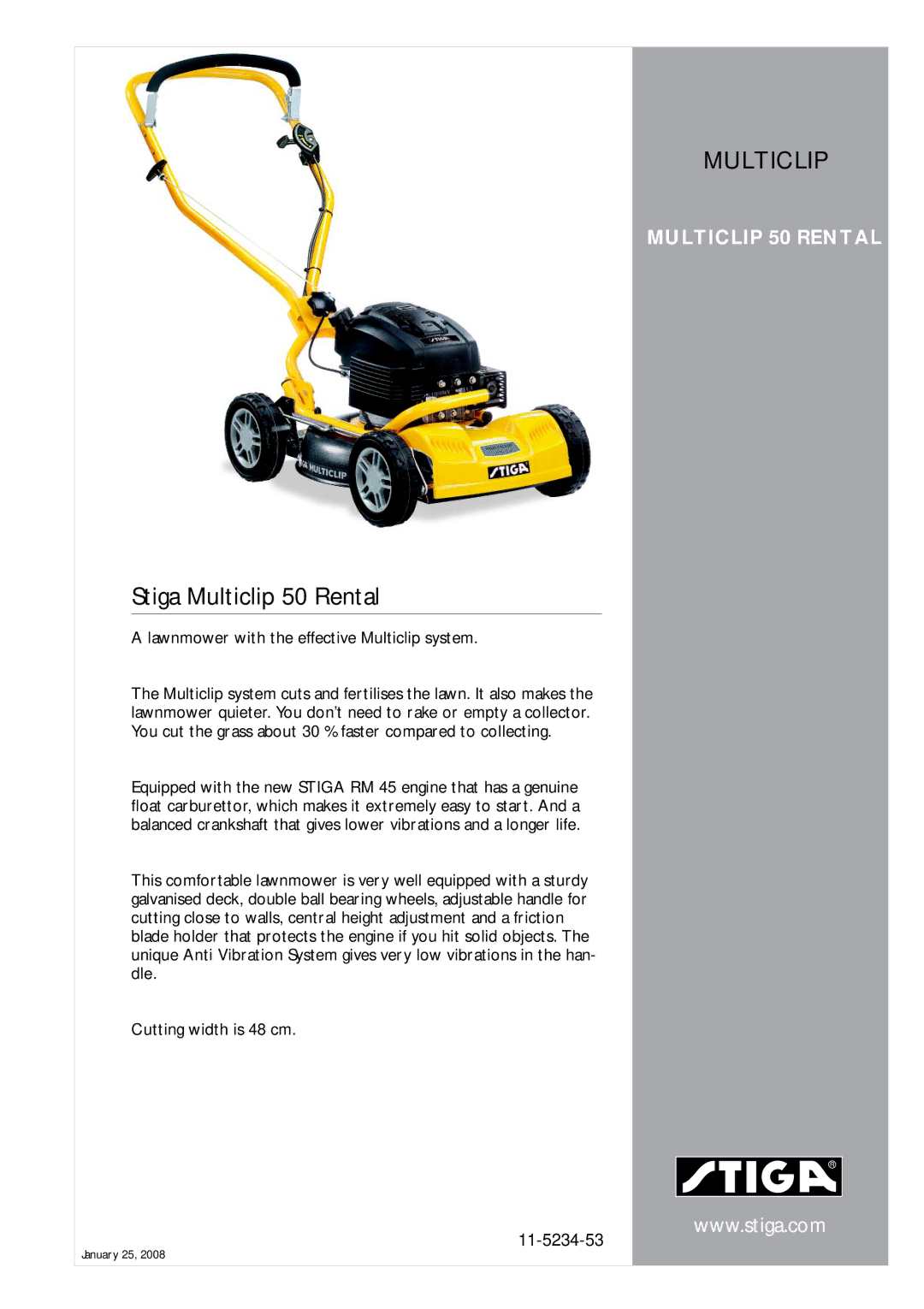 Stiga 11-5234-53 manual Stiga Multiclip 50 Rental, Lawnmower with the effective Multiclip system 