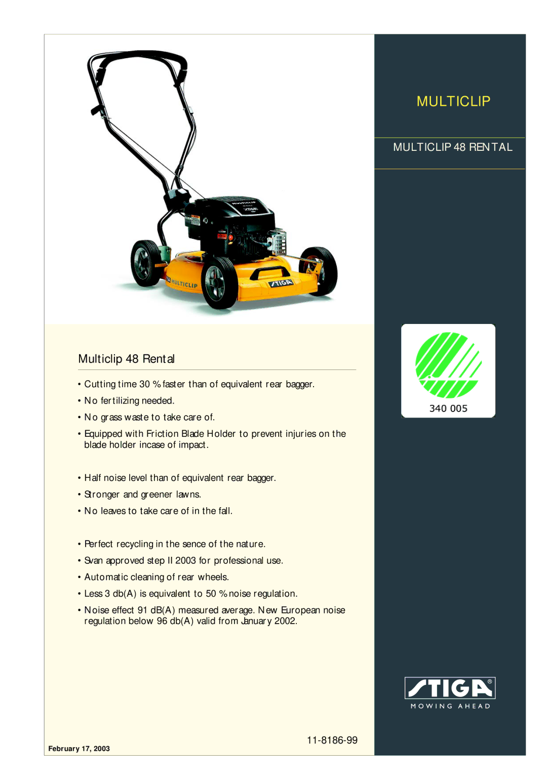 Stiga 11-8186-99 manual Multiclip 48 Rental 