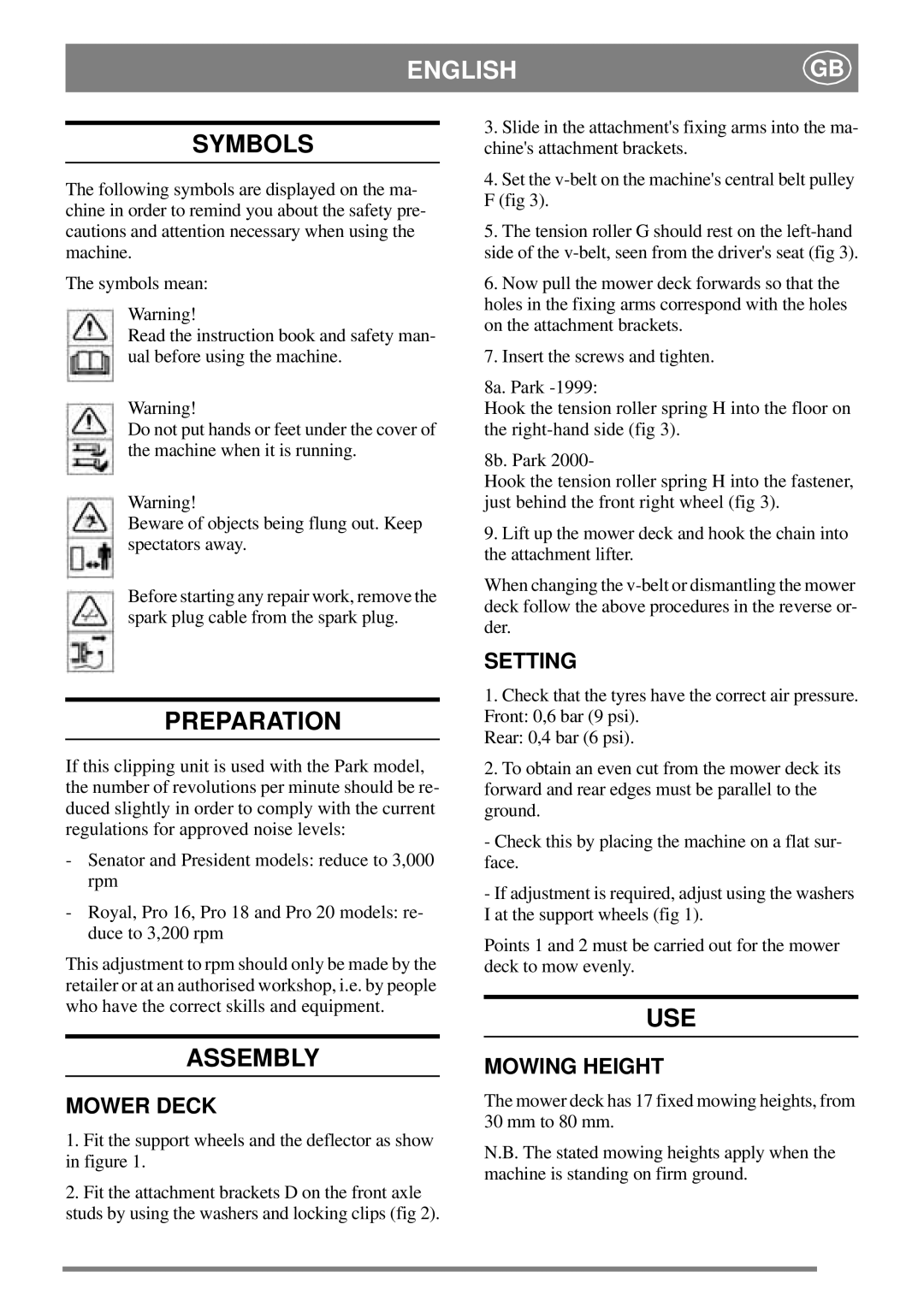 Stiga 110 S manual Symbols, Preparation, Assembly, Use 