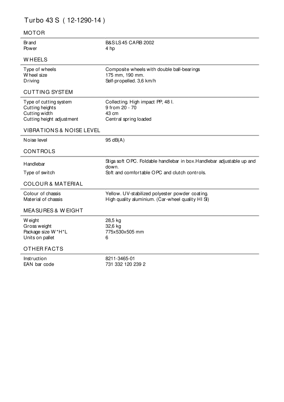 Stiga 12-1290-14 manual Turbo 43 S 