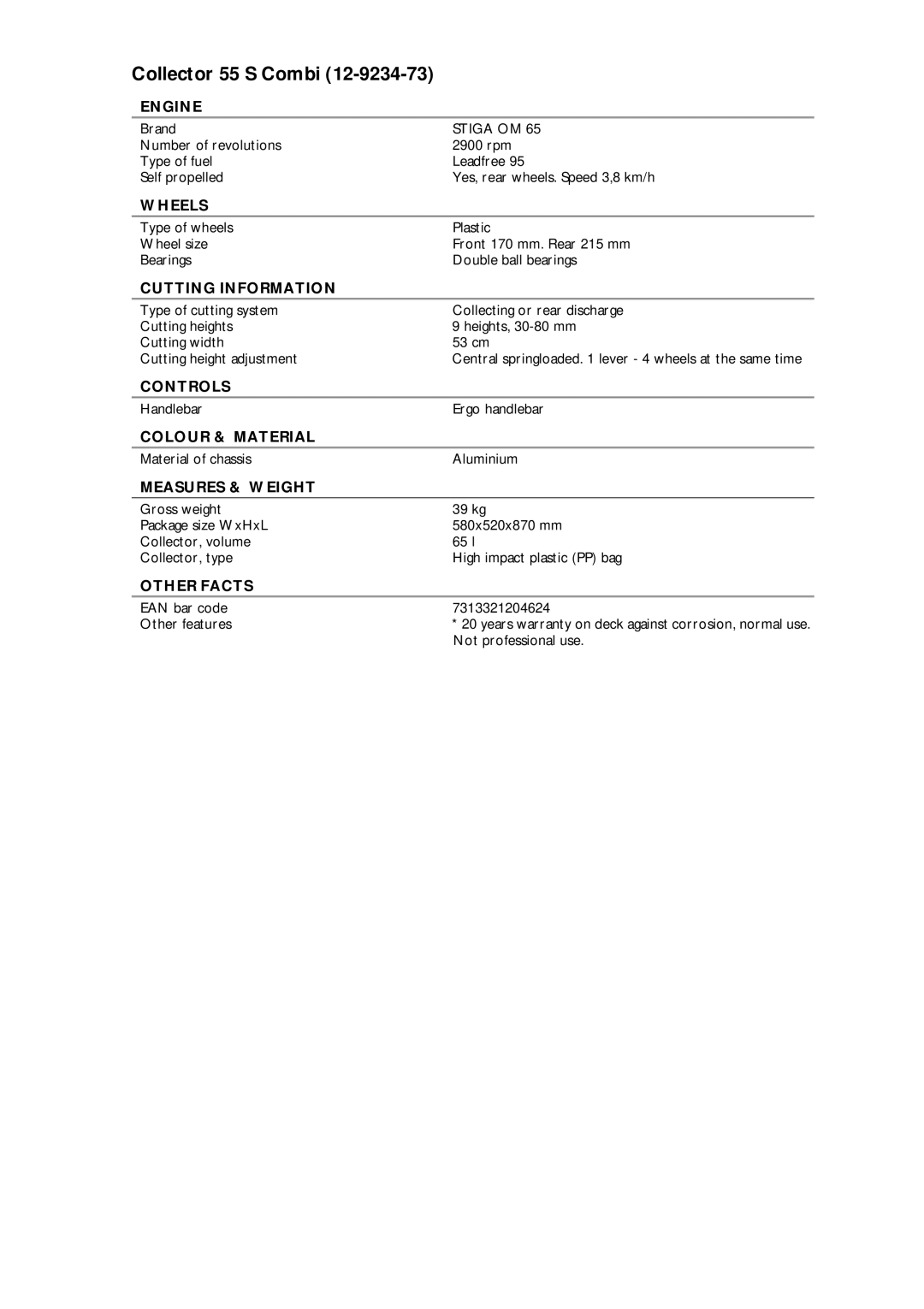 Stiga 12-9234-73 warranty Collector 55 S Combi 