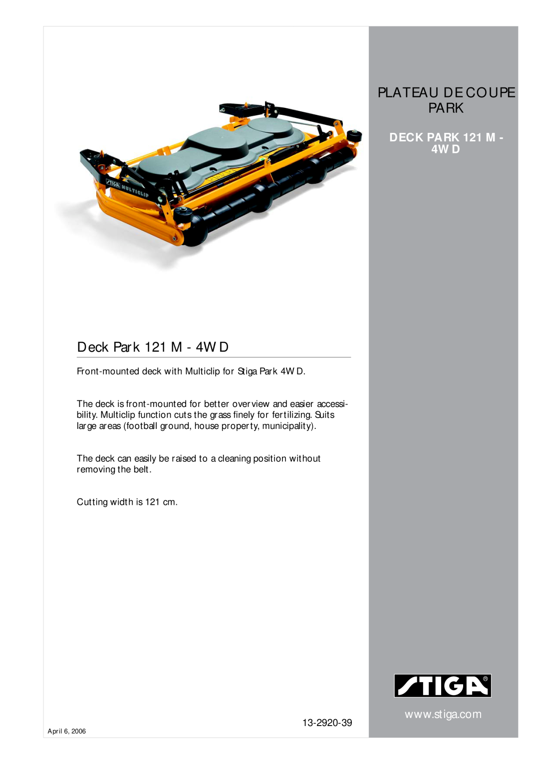 Stiga manual Deck Park 121 M - 4WD, Plateau De Coupe Park, DECK PARK 121 M 4WD, 13-2920-39 