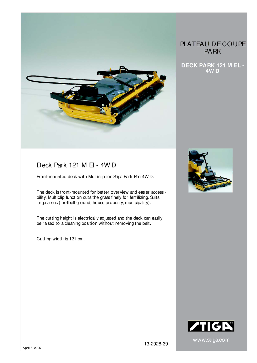 Stiga 121 M EL - 4WD manual Deck Park 121 M El 4WD, Plateau DE Coupe Park, Deck Park 121 M EL 4WD, Cutting width is 121 cm 