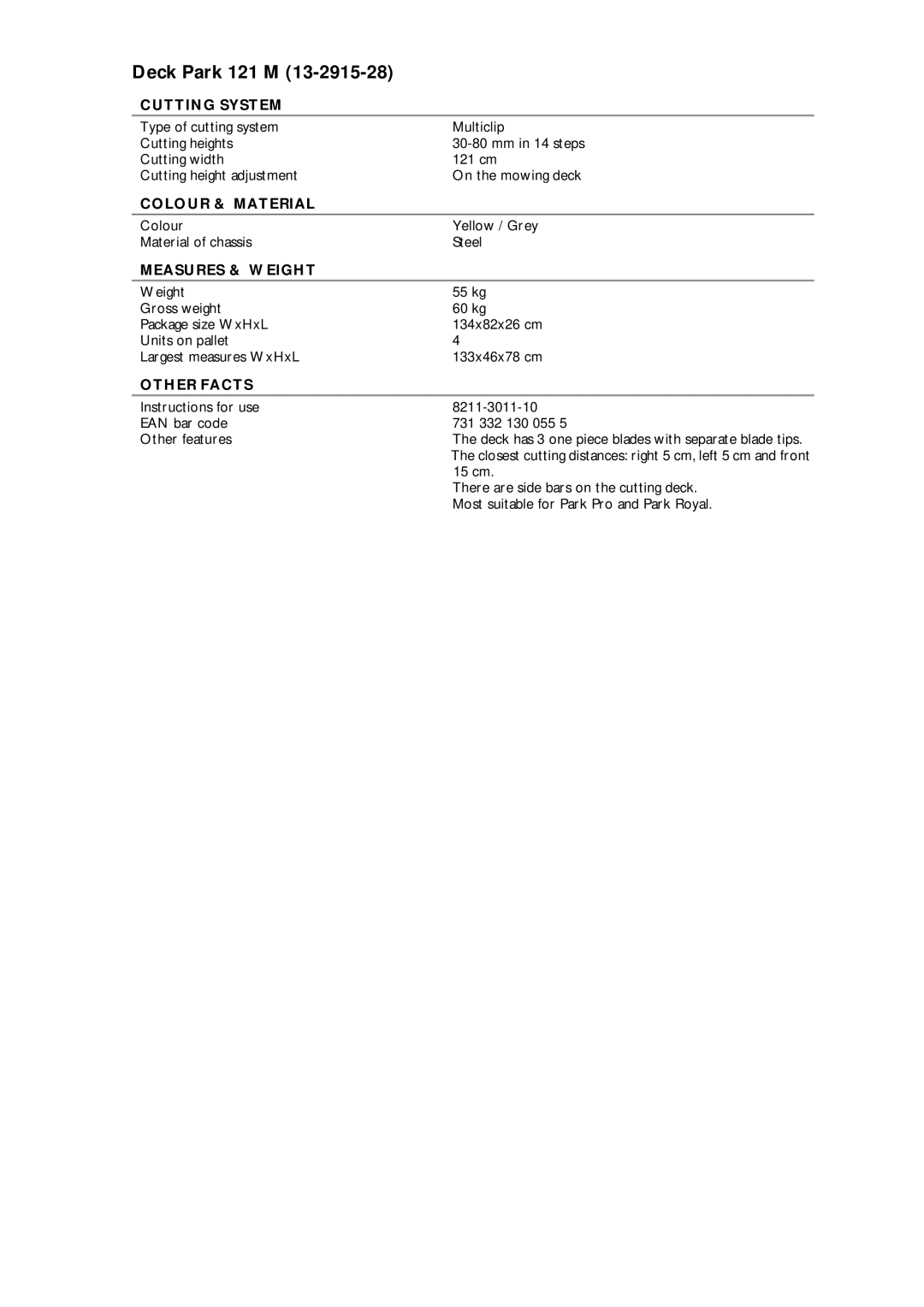 Stiga manual Deck Park 121 M, Cutting System, Colour & Material, Measures & Weight, Other Facts 