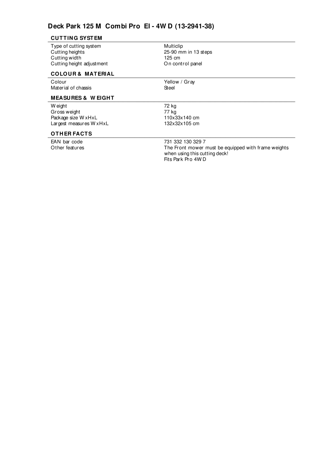 Stiga manual Deck Park 125 M Combi Pro El 4WD, Cutting System, Colour & Material, Measures & Weight, Other Facts 