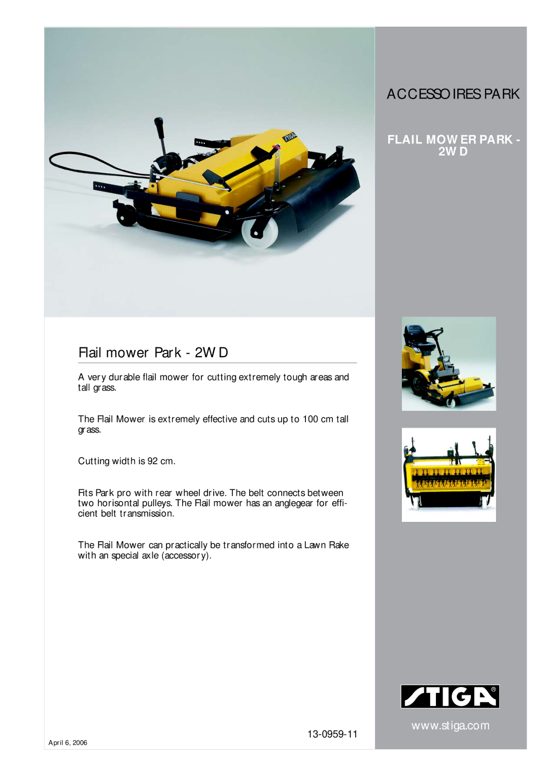 Stiga 13-0959-11 manual Accessoires Park, Flail mower Park 2WD 