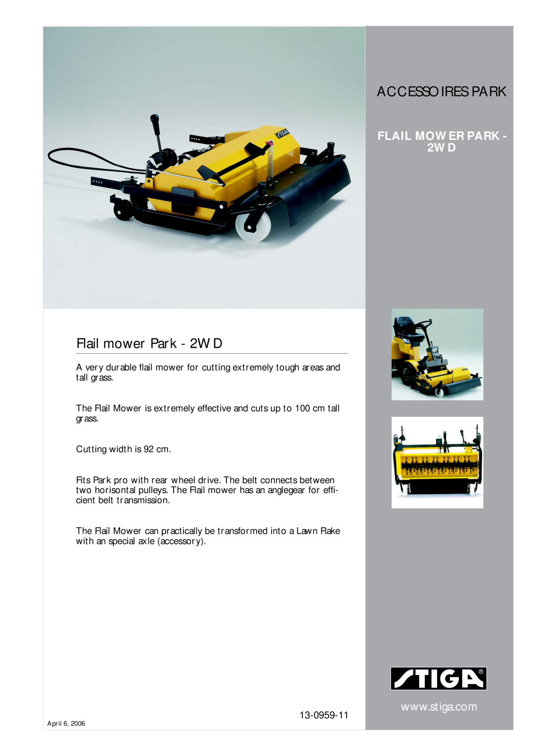 Stiga 13-0959-11 manual Accessoires Park, Flail mower Park - 2WD, FLAIL MOWER PARK 2WD 