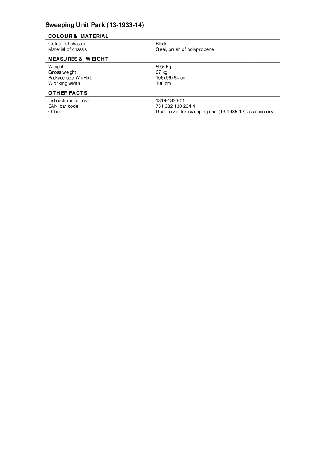 Stiga 13-1933-14 manual Sweeping Unit Park, Colour & Material, Measures & Weight, Other Facts 