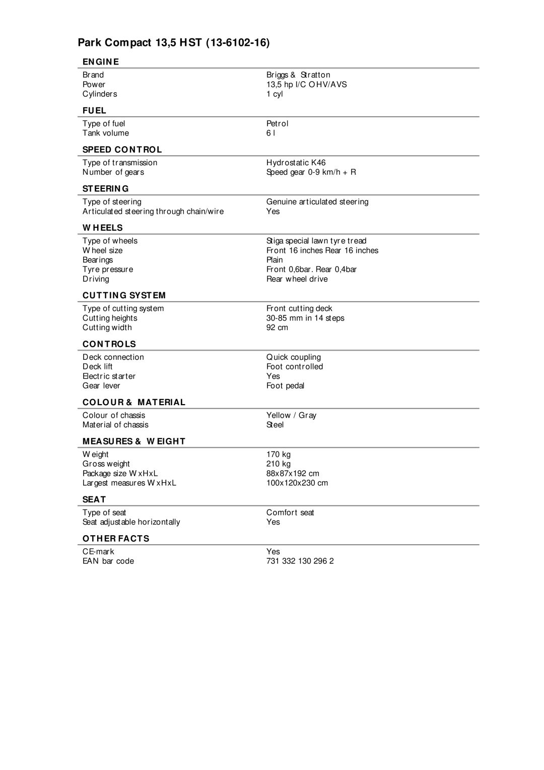 Stiga 13-6102-16 manual Park Compact 13,5 HST 