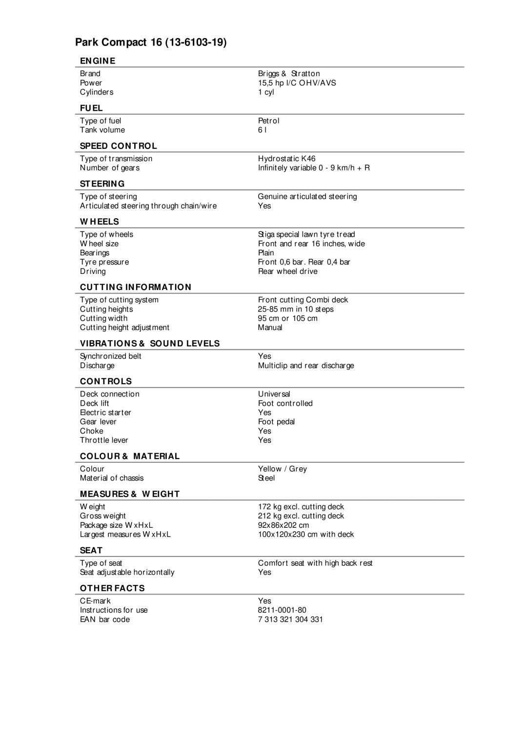 Stiga 13-6103-19 manual Park Compact 16 