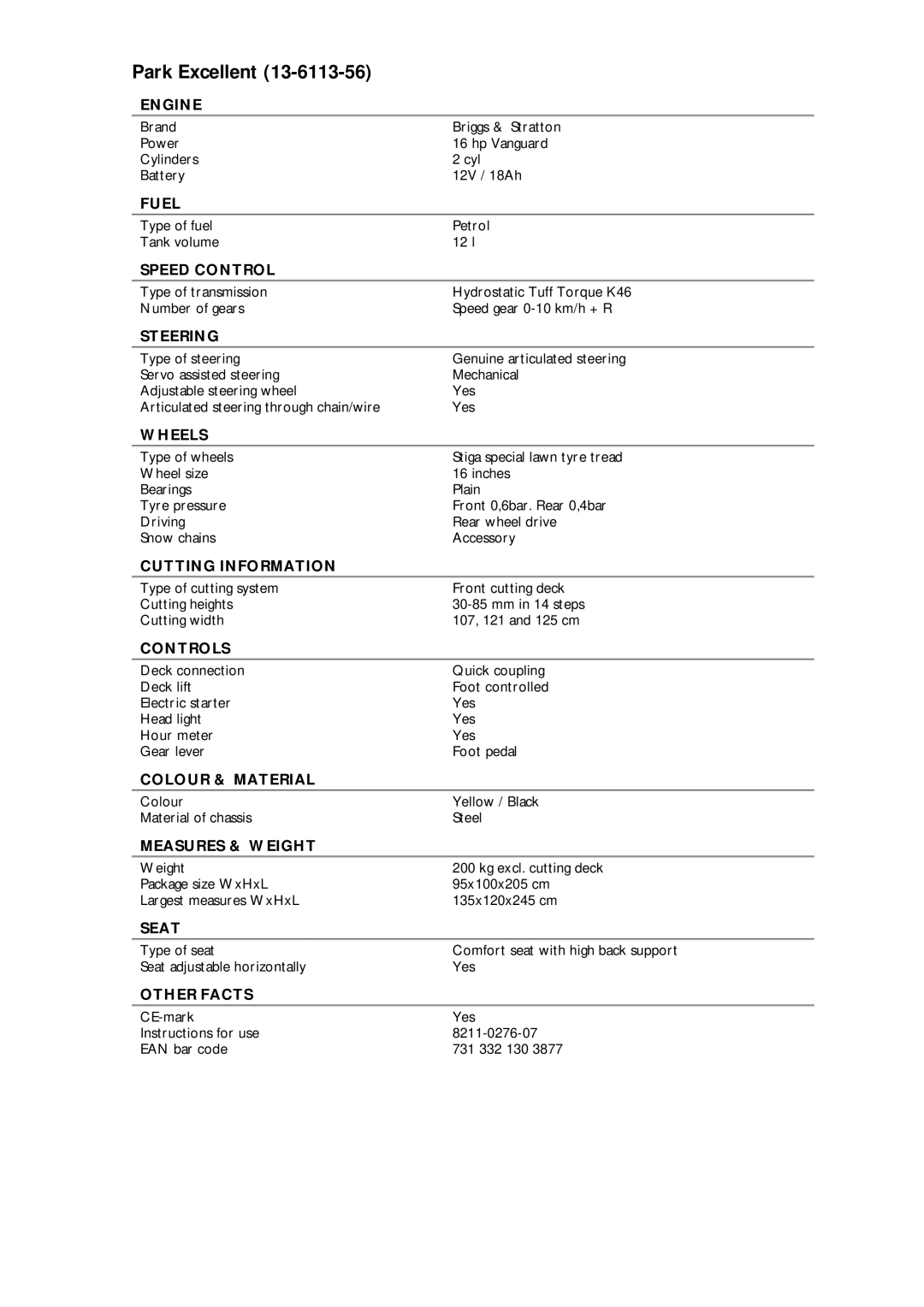 Stiga 13-6113-56 manual Park Excellent 