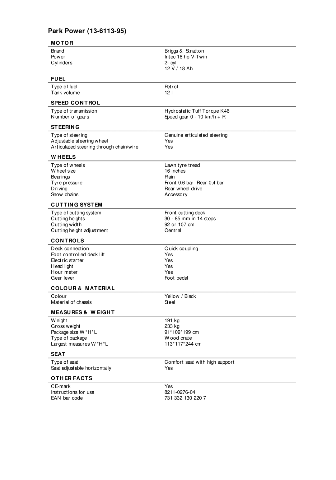 Stiga 13-6113-95 manual Park Power 