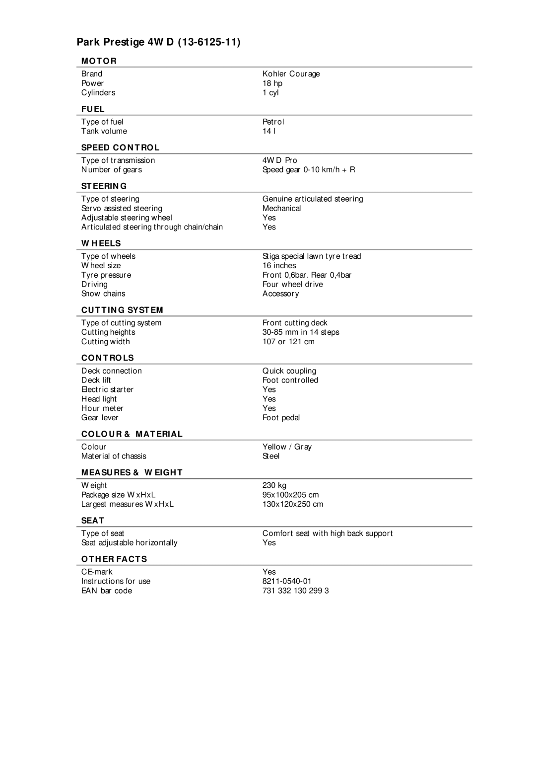 Stiga 13-6125-11 manual Park Prestige 4WD 