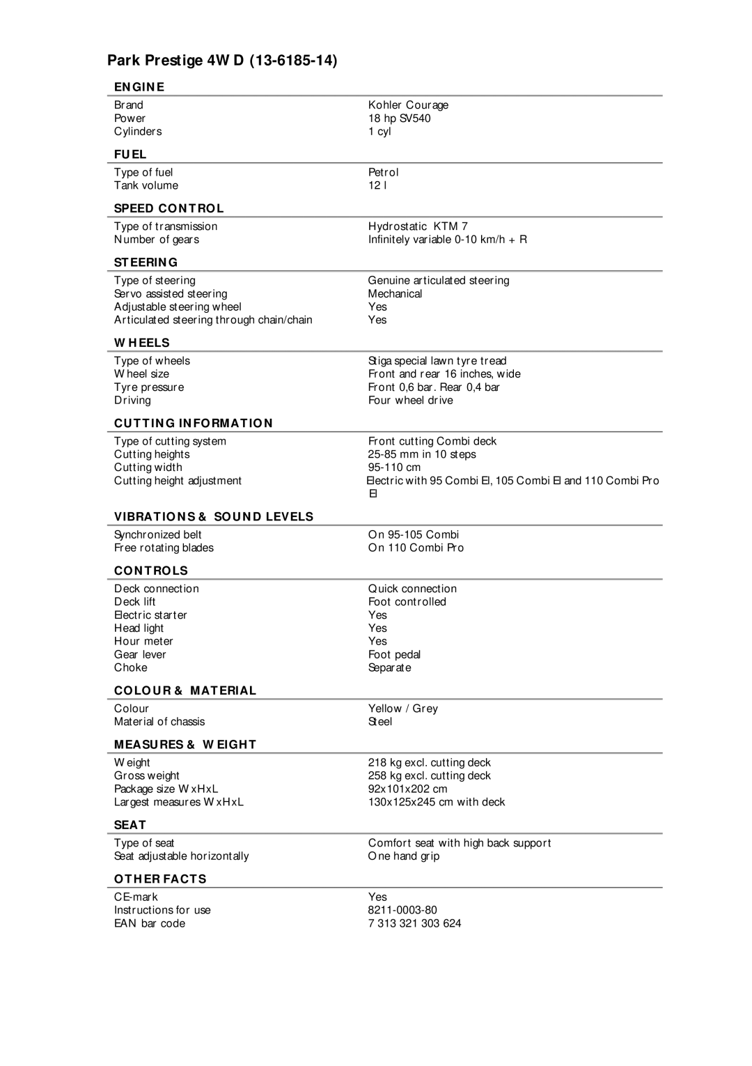 Stiga 13-6185-14 manual Park Prestige 4WD 