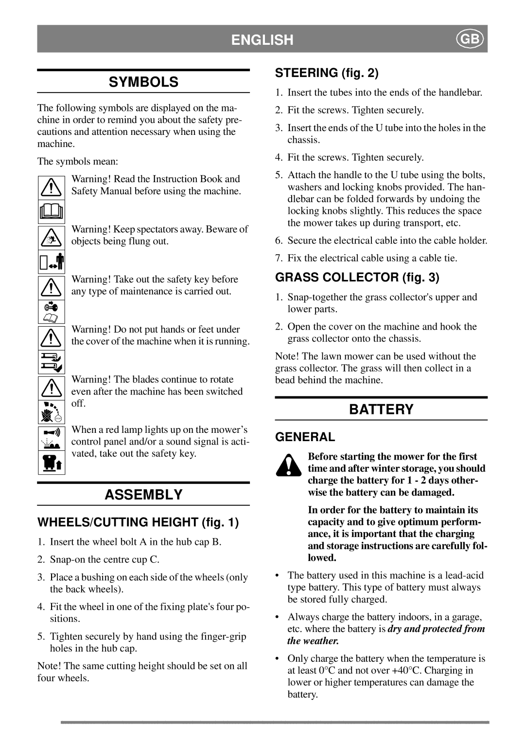 Stiga 33 manual Symbols, Battery, Assembly, General 