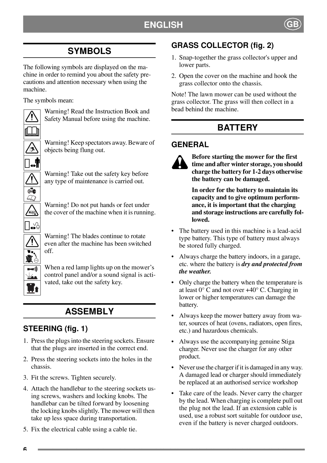 Stiga 40 manual Symbols, Battery, Assembly, General 