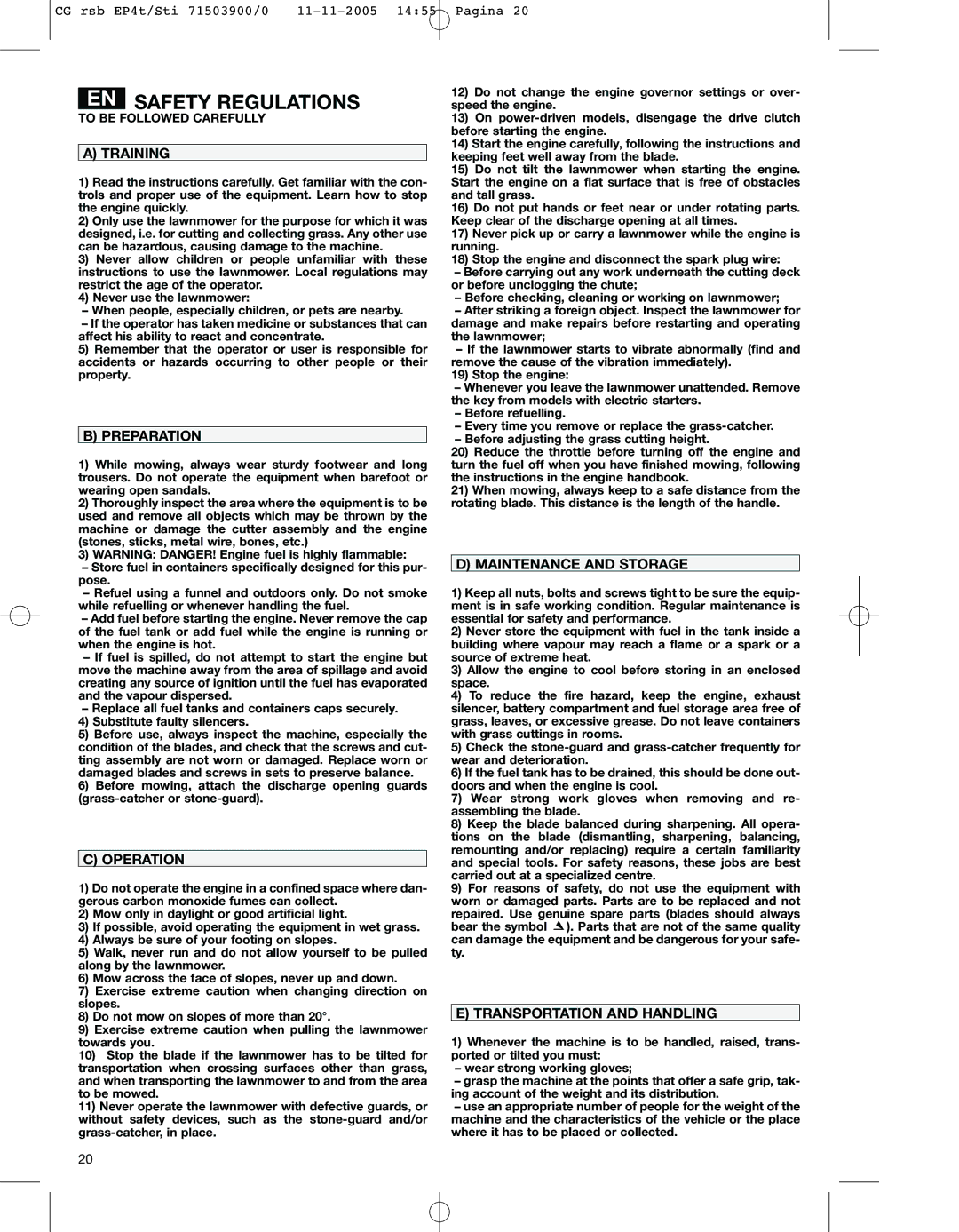 Stiga 43S manual Training, Preparation, Operation, Maintenance and Storage, Transportation and Handling 