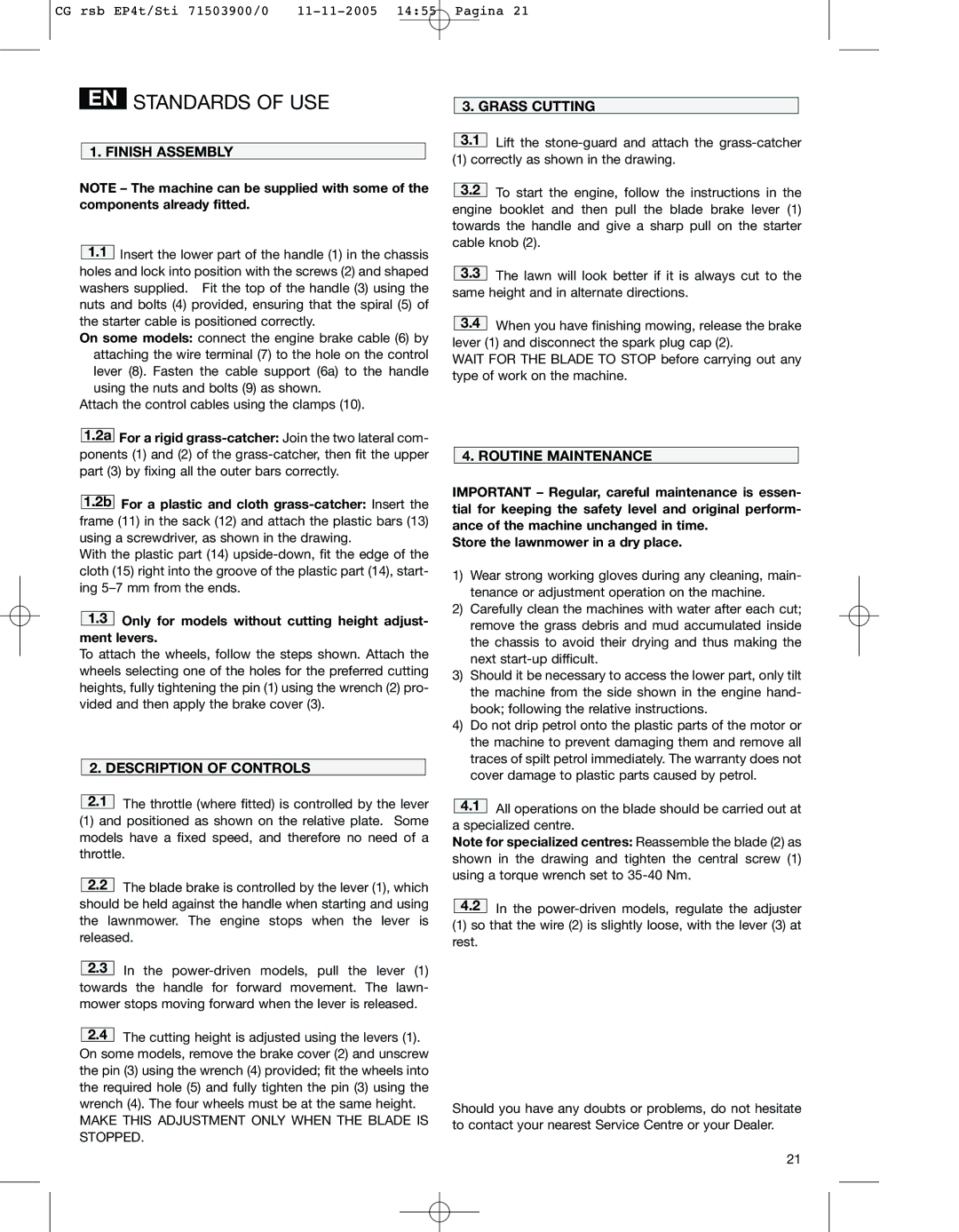 Stiga 43S manual Finish Assembly, Grass Cutting, Description of Controls, Routine Maintenance 