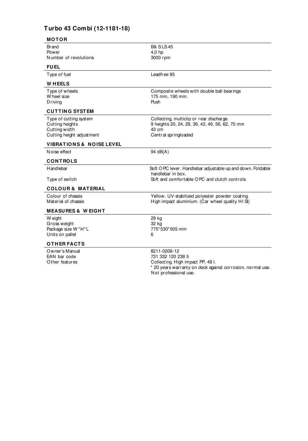 Stiga 43 COMBI warranty Turbo 43 Combi 