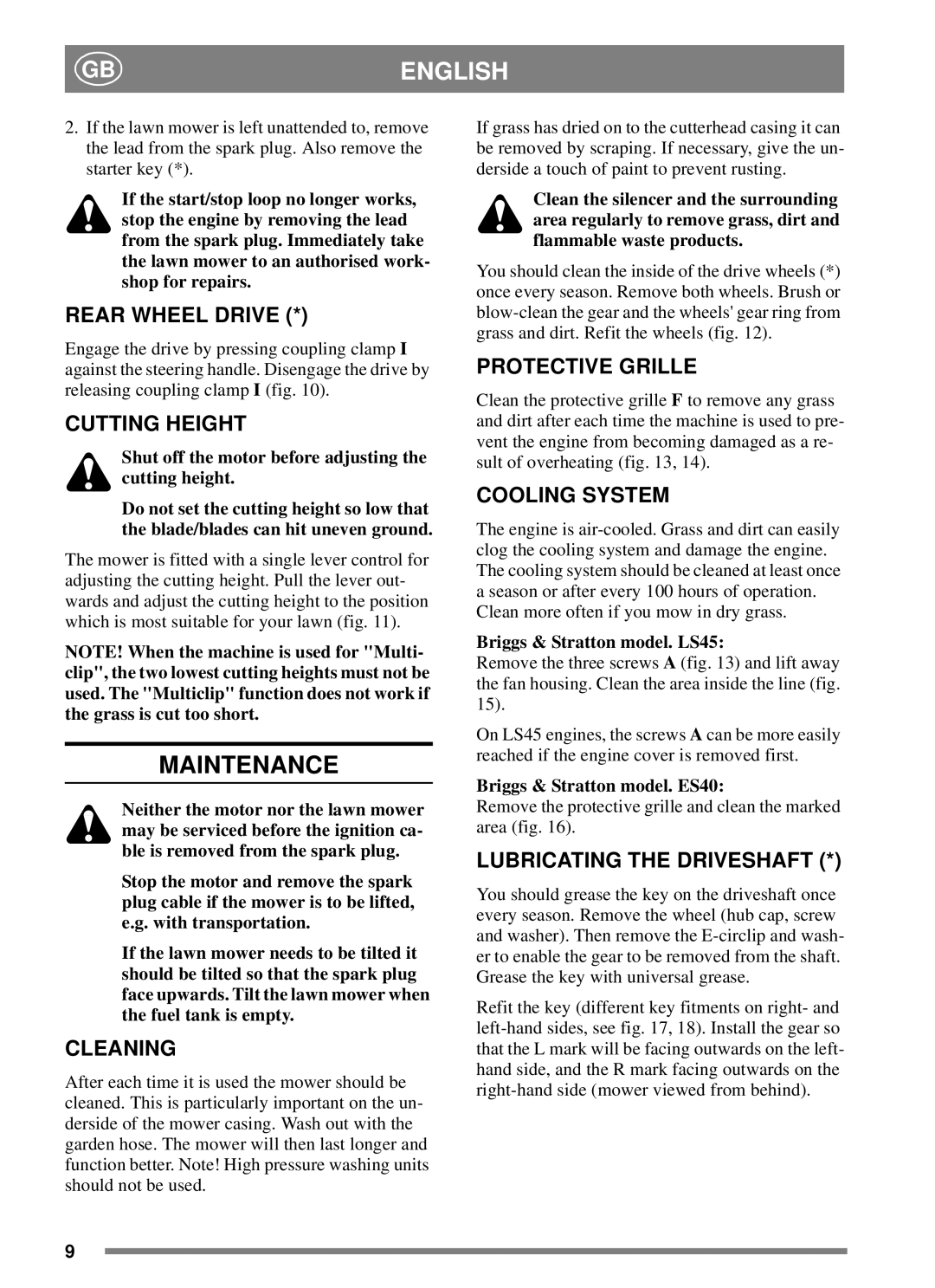 Stiga 45 COMBI, 45 S COMBI manual Maintenance 