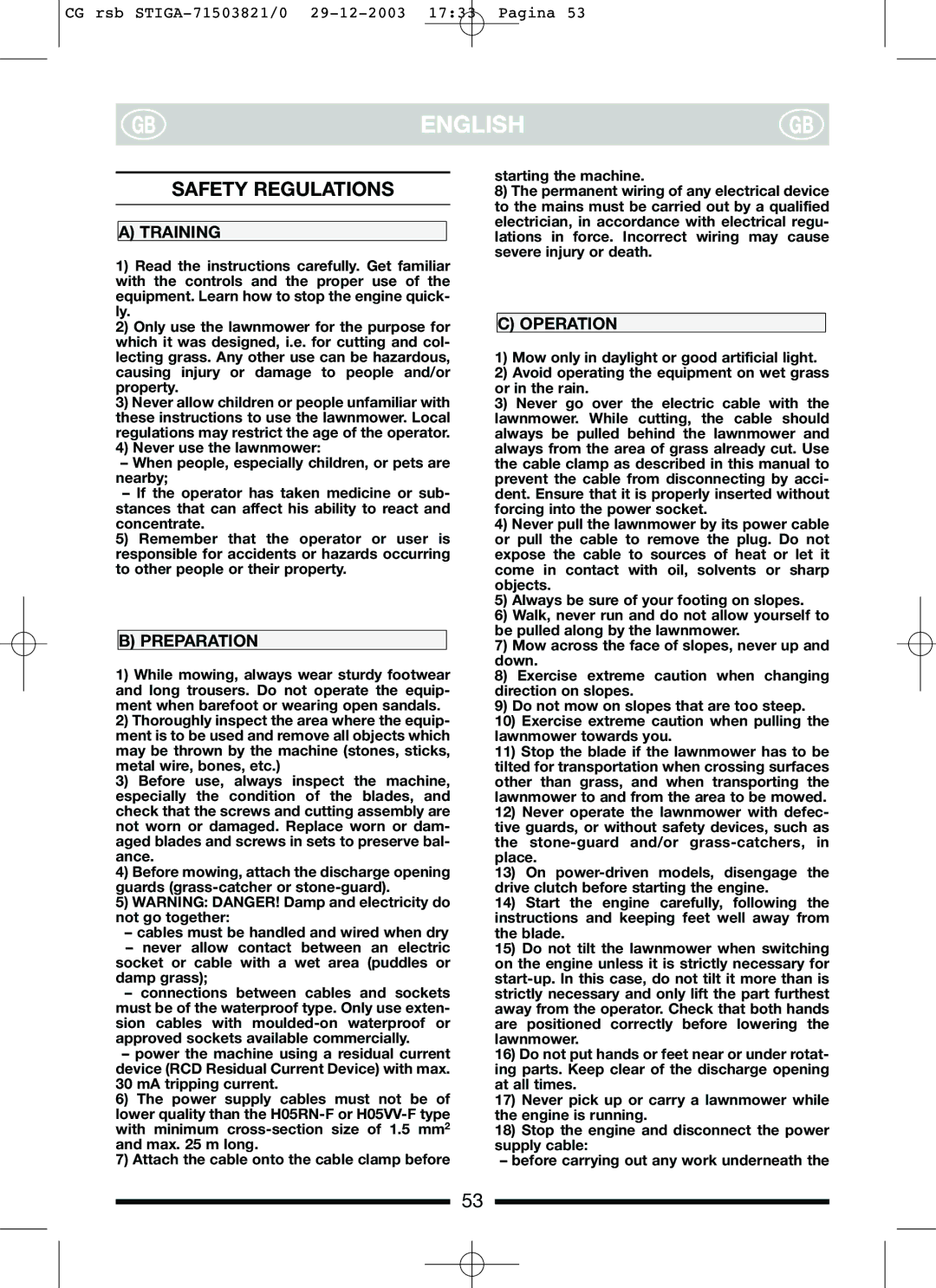 Stiga 45SCOMBIEL, 45COMBIEL manual Safety Regulations, Training, Preparation, Operation 